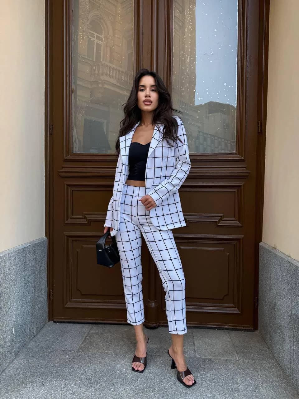 Checkered Blazer & Pants Set – Women's Grid Print Two-Piece Suit - image 5