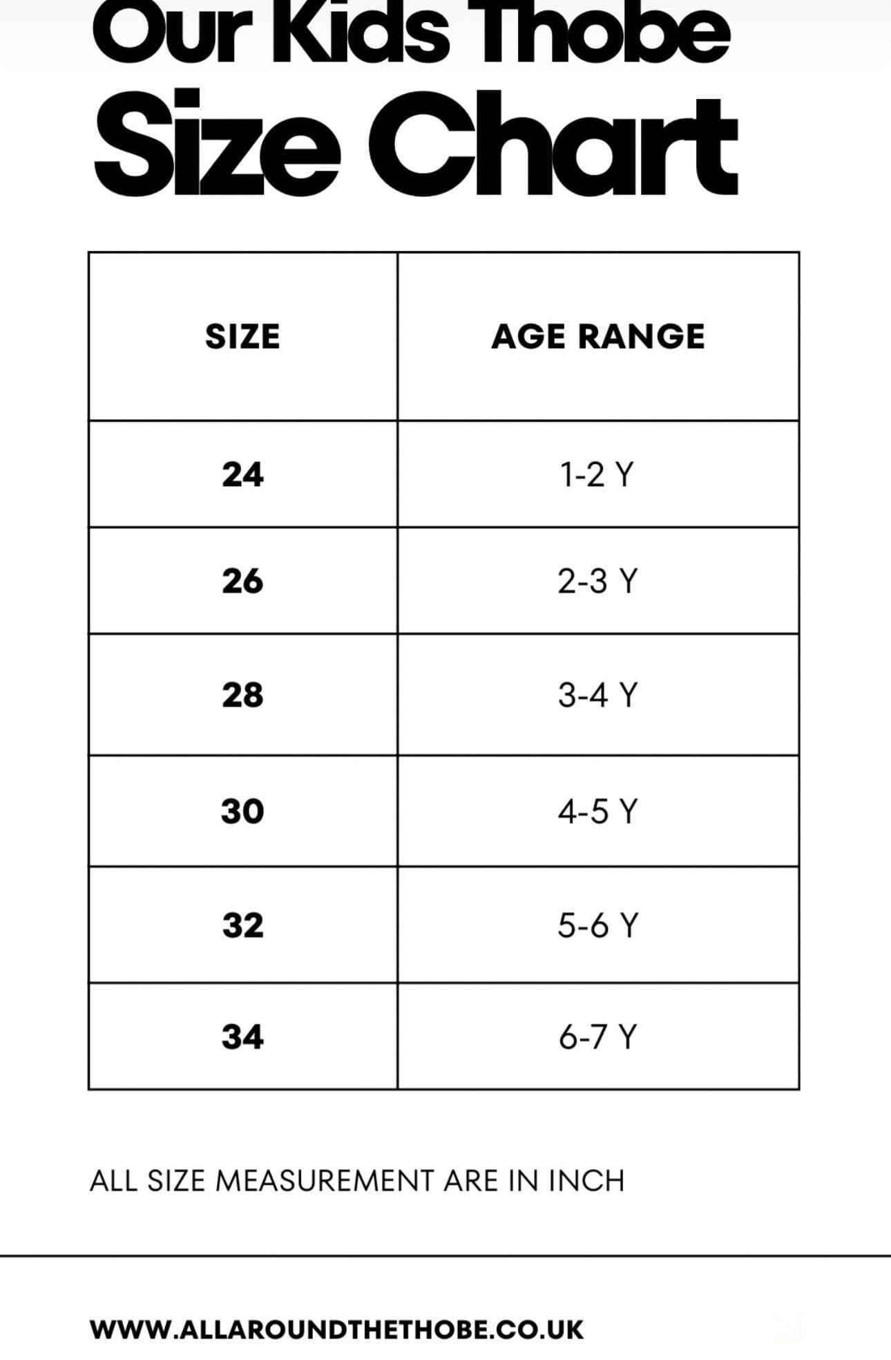 Kids Thobe Size Guide