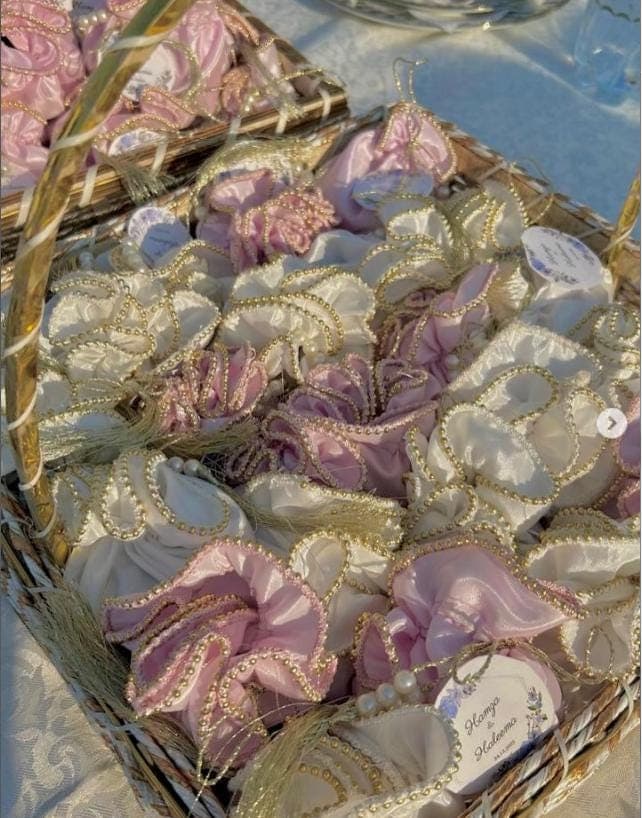 Silk Potli Bags: Beaded Tassel Wedding Favors with Tag.