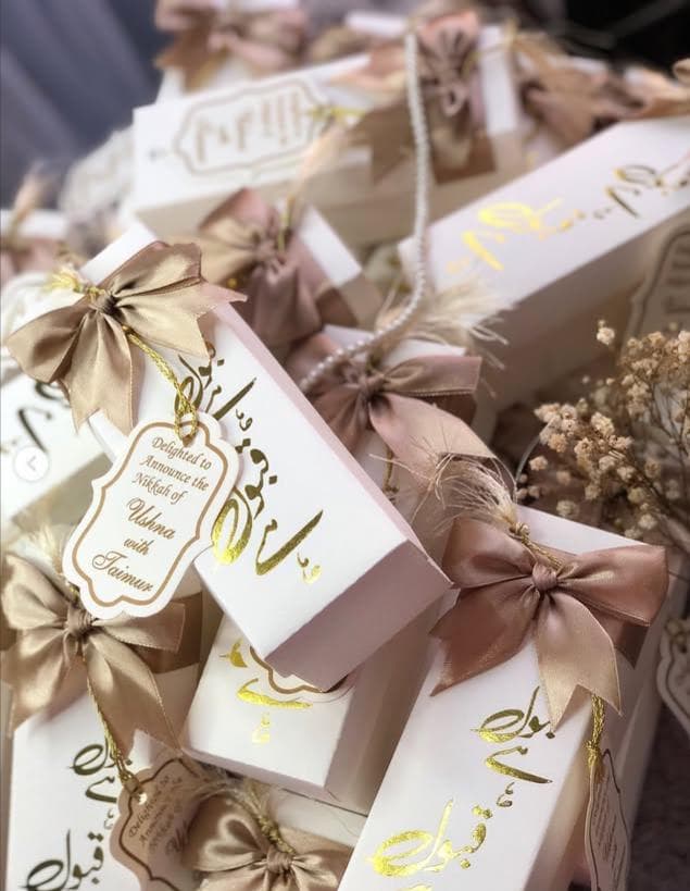 Qabool Hai Favor Boxes With gold Ribbon & Personalized Tag
