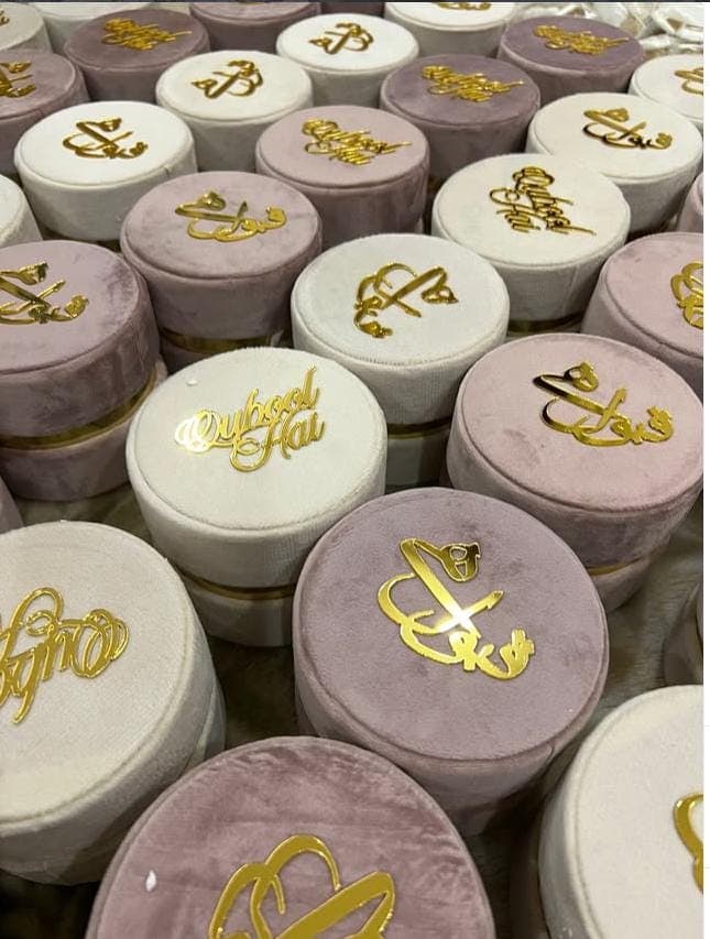 Velvet favor boxes, bid box, customized Pakistani wedding gifts.
