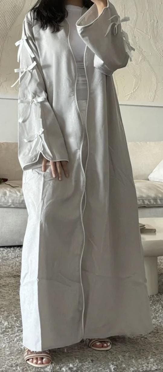 Beige Open Abaya with White Bows: Elegant Coquette Style - image 3