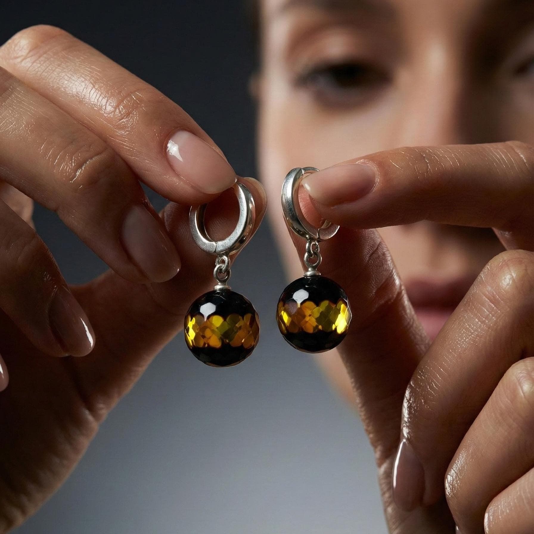 Round Amber Earrings 925 Sterling Silver, Sun Spangles Ball Jewelry, Handcrafted Baltic Accessory