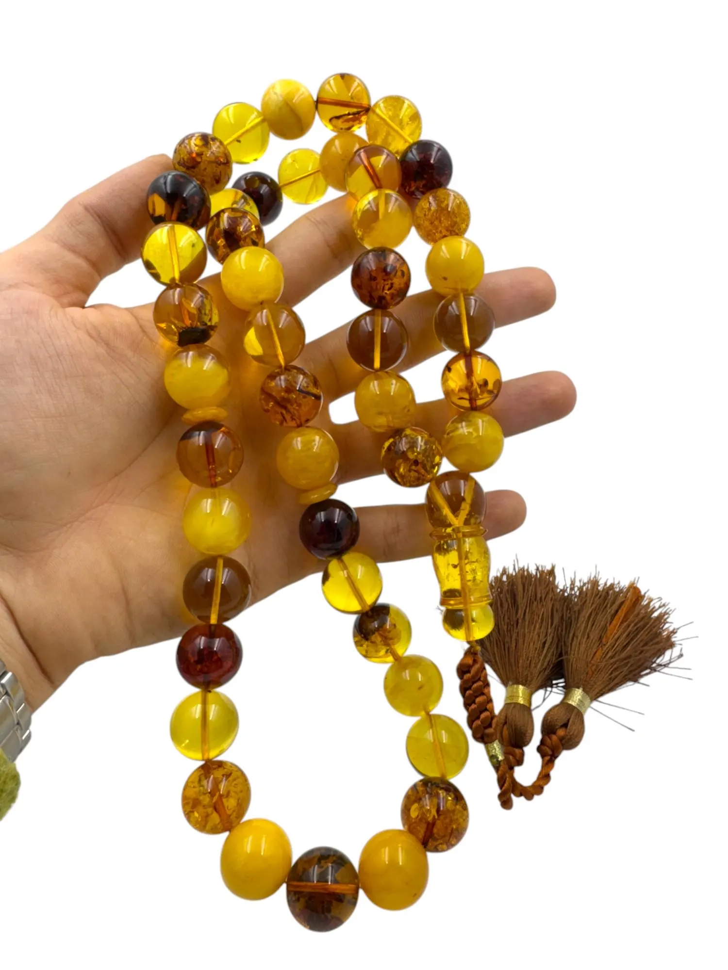 Fossilized Baltic Amber Prayer Beads: Sterling Silver Tassel Tasbih - image 3