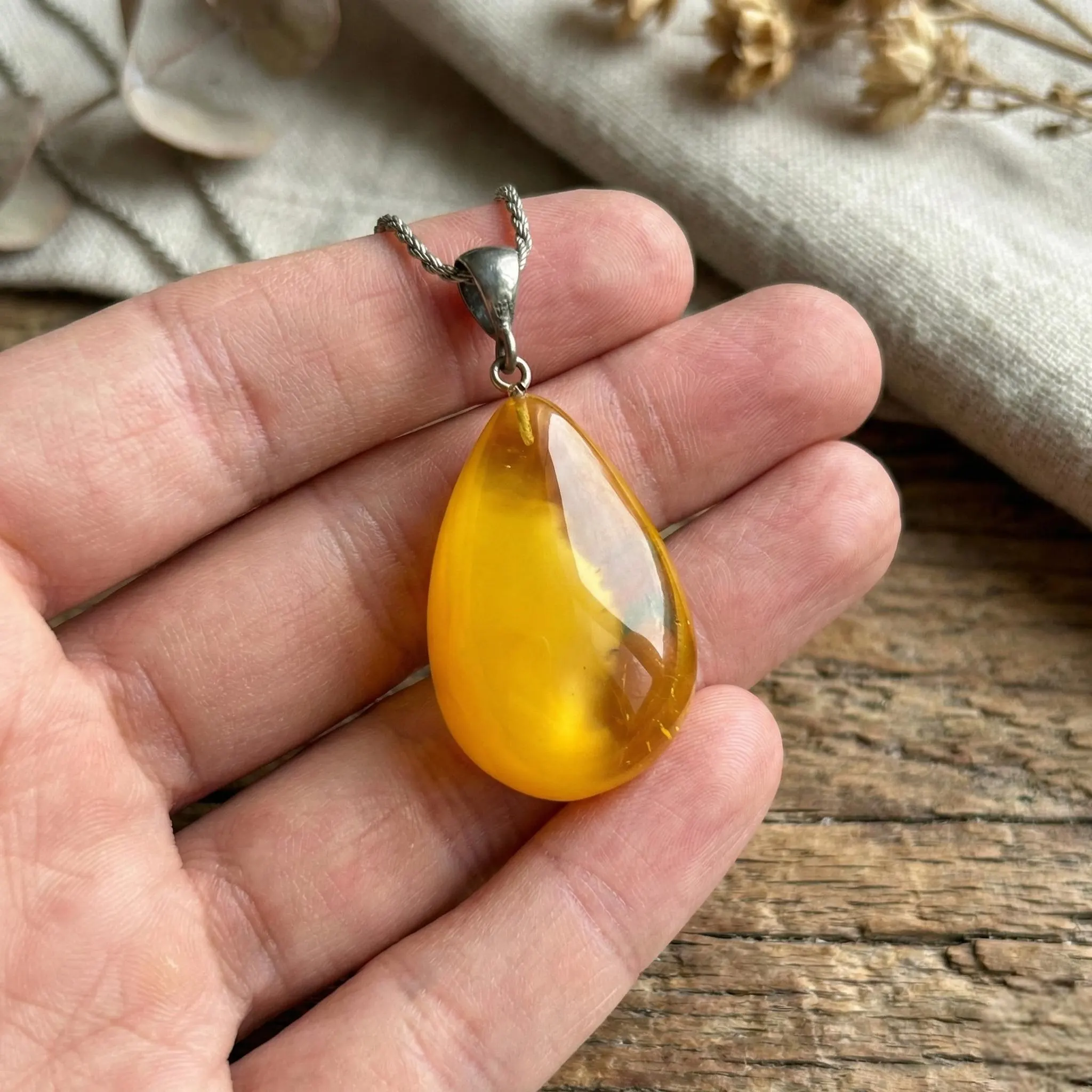 Honey Baltic Amber Pendant 925 Sterling Silver, Yellow Teardrop Necklace, Natural Succinite Gemstone, Handcrafted Pear Shaped Jewelry