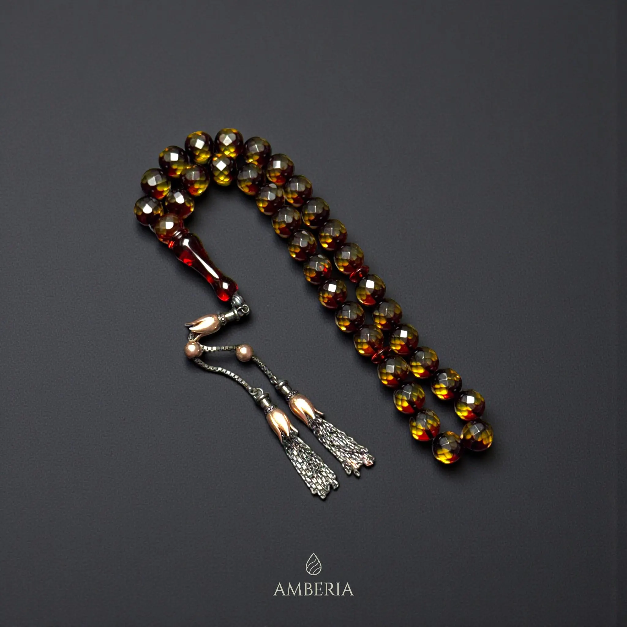 Amber Tasbih with 925 Sterling Silver Tassel, Handmade Diamond Cut Islamic Prayer Beads, Misbaha Rosary, Natural Fossil Resin Worry Beads
