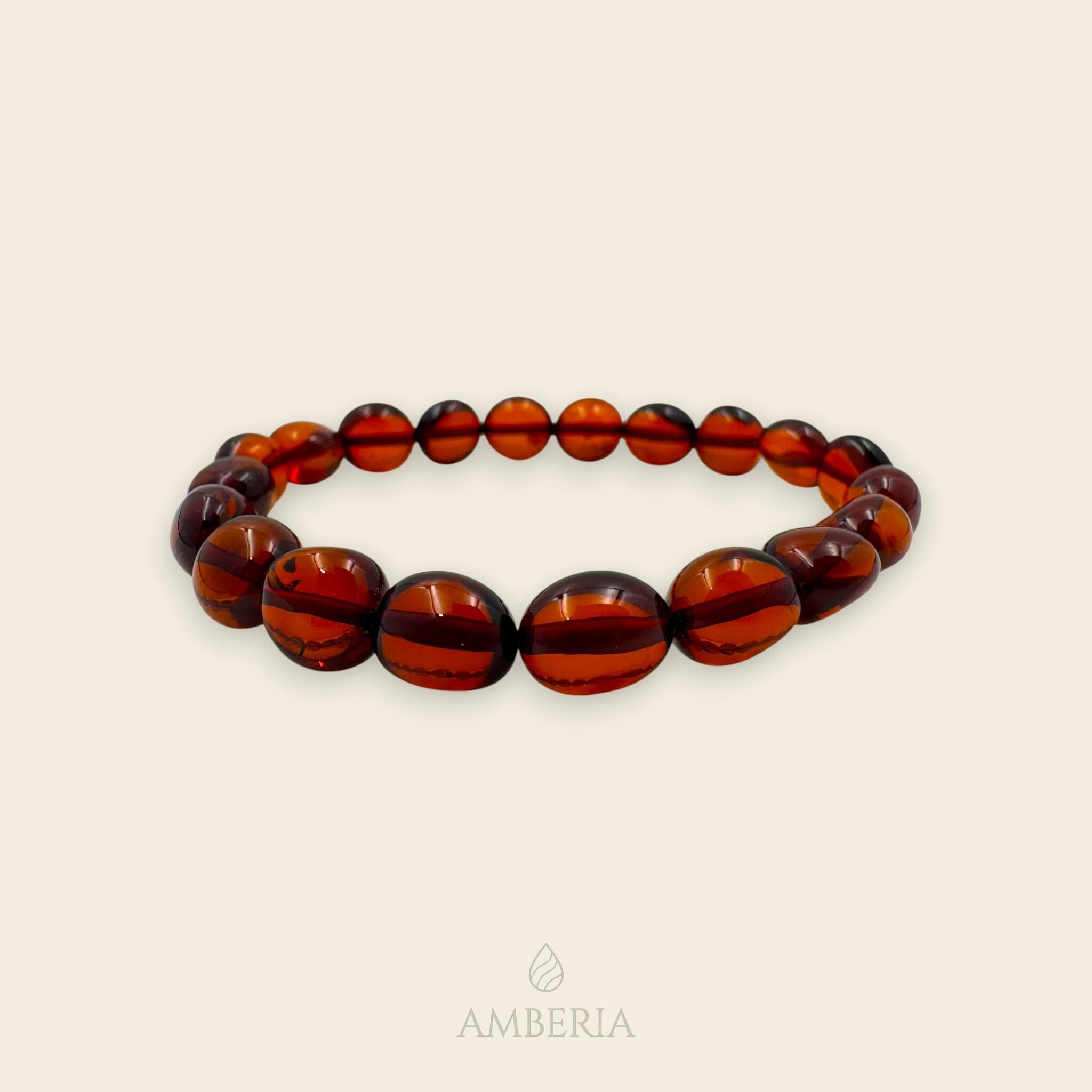 Genuine Unisex Chunky Cherry Amber Bracelet, Natural Baltic Beads, Stress Relief & Balance Jewelry, Large Cognac Polished Stones