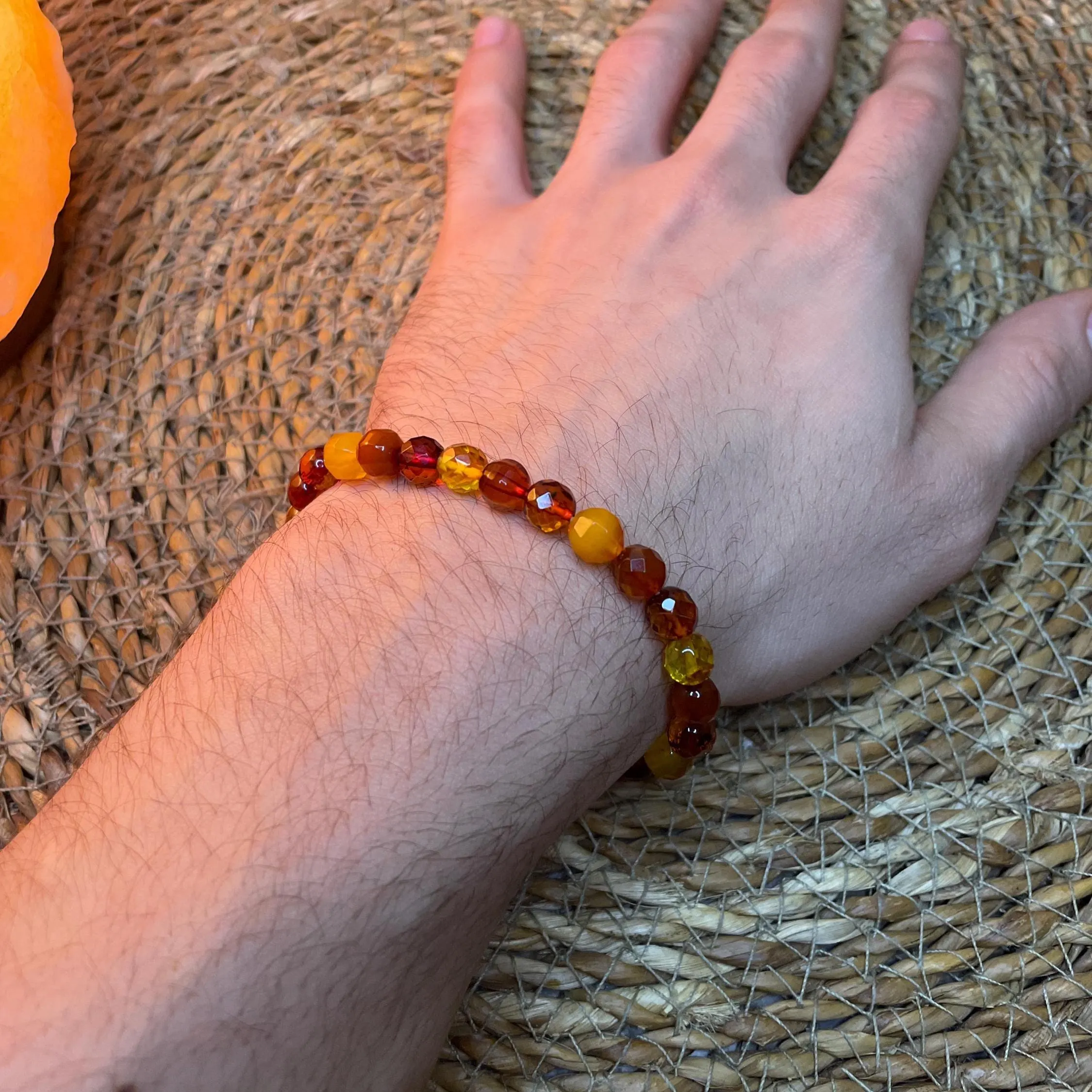 Amber Bracelet - 100% Natural - Diamond Cut Yellow Orange Beads - Handmade - Gemstone Jewelry - Stress Relief