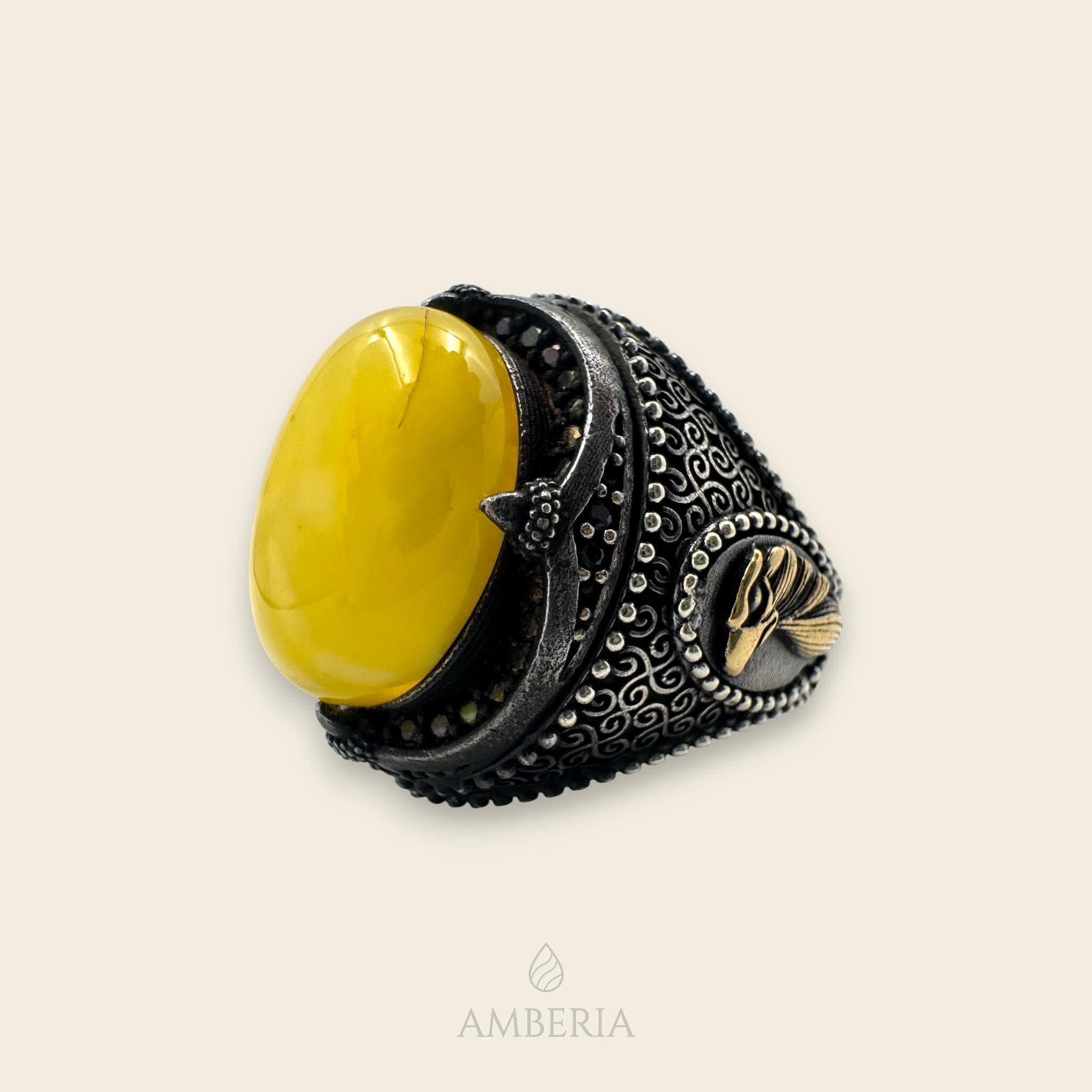 Whirling Dervish Yellow Baltic Amber Ring 925 Sterling Silver Sufi Symbol, Mens Handcrafted Statement Jewelry, Mindfulness Ring