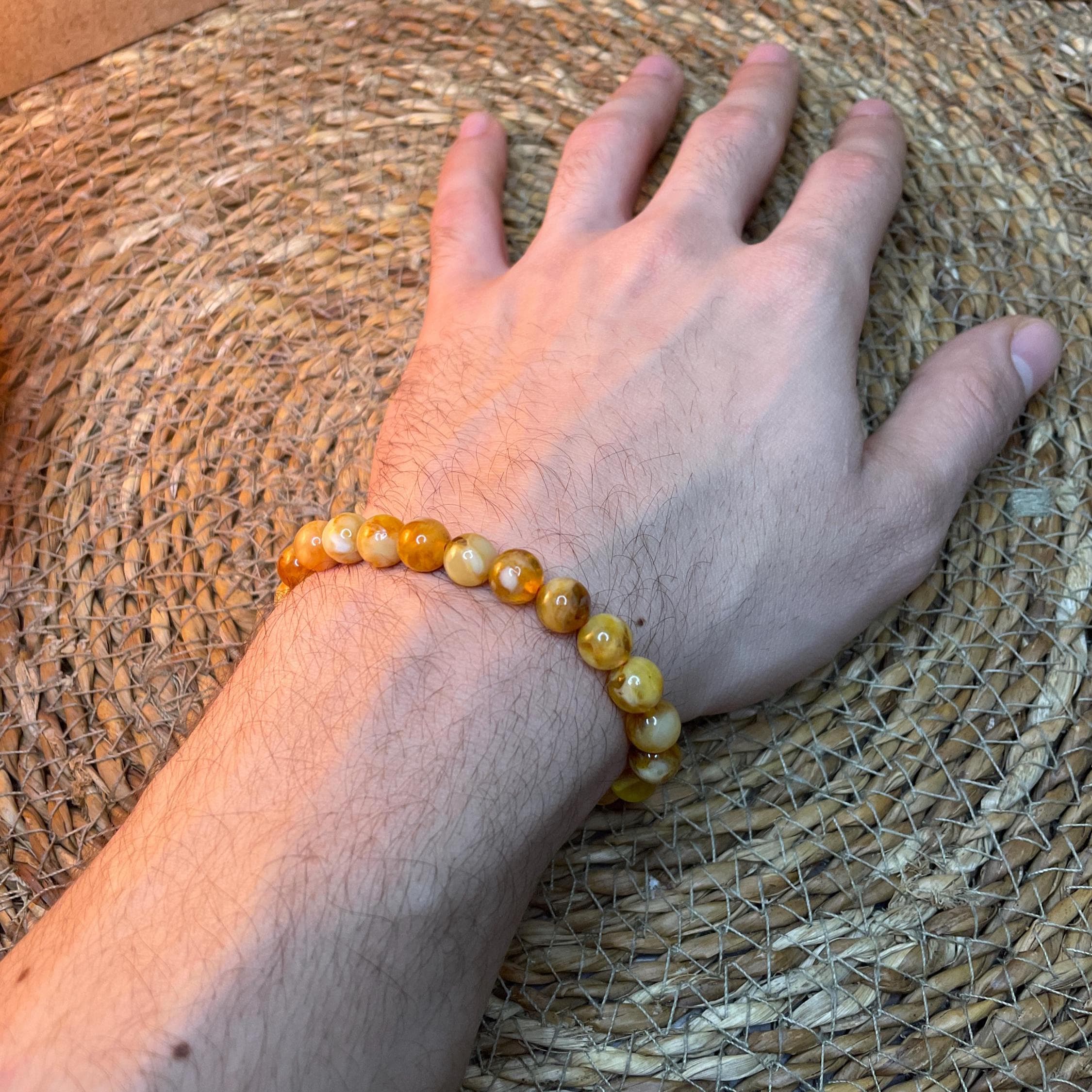 100% Natural Amber Bracelet - Round Honey Gemstone Beads - Stretch Bracelet - Stress Relief - Unisex Gift