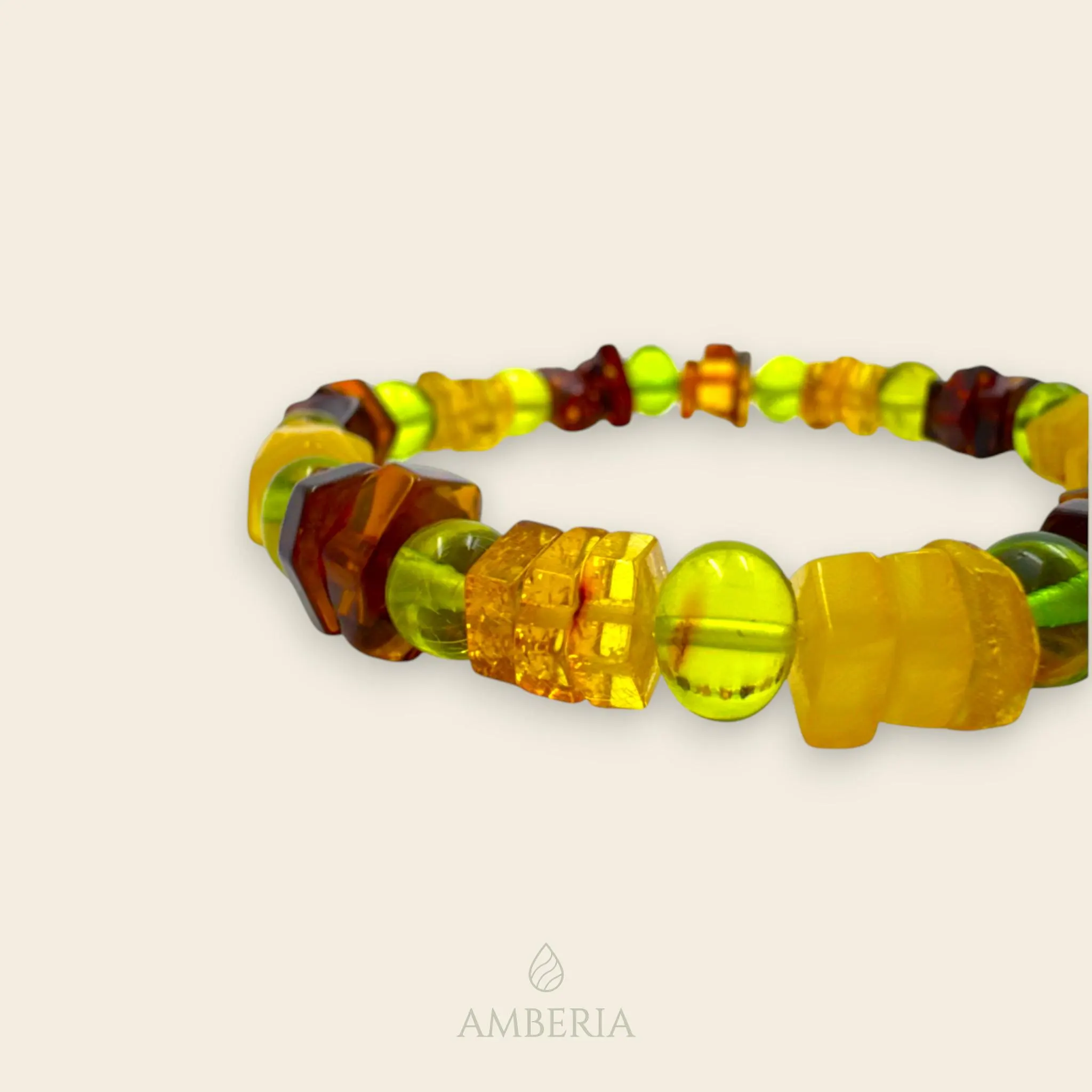 7 mm Unique Baltic Amber Bracelet - Stress Relief - Round and Square Beads in Green Yellow Cognac Colors - image 2