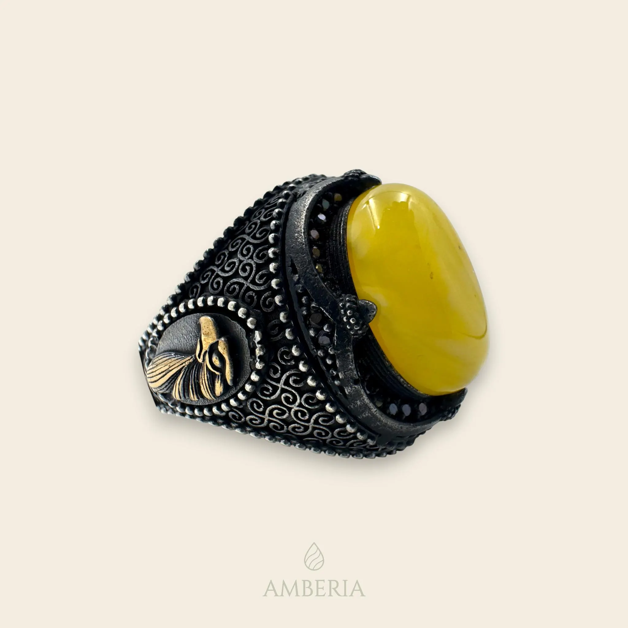 Whirling Dervish Yellow Baltic Amber Ring 925 Sterling Silver Sufi Symbol, Mens Handcrafted Statement Jewelry, Mindfulness Ring