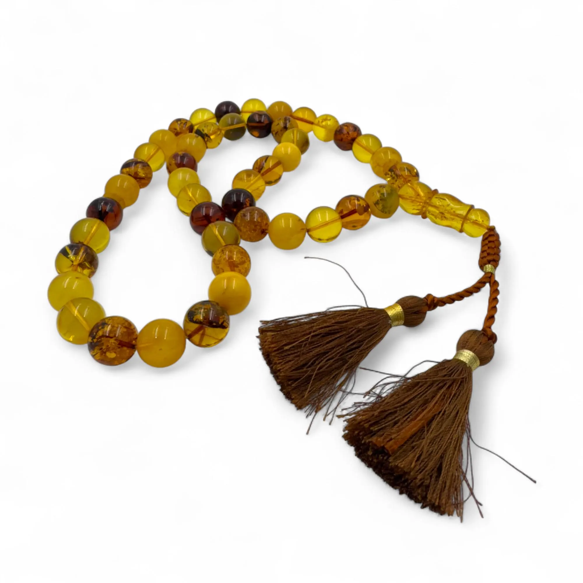 Fossilized Baltic Amber Prayer Beads: Sterling Silver Tassel Tasbih
