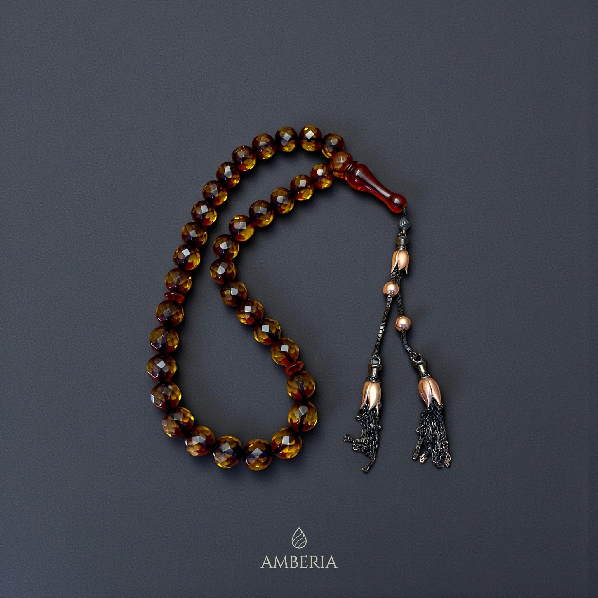 Amber Tasbih with 925 Sterling Silver Tassel, Handmade Islamic Prayer Beads, Misbaha Rosary, Natural Fossil Resin Worry Beads