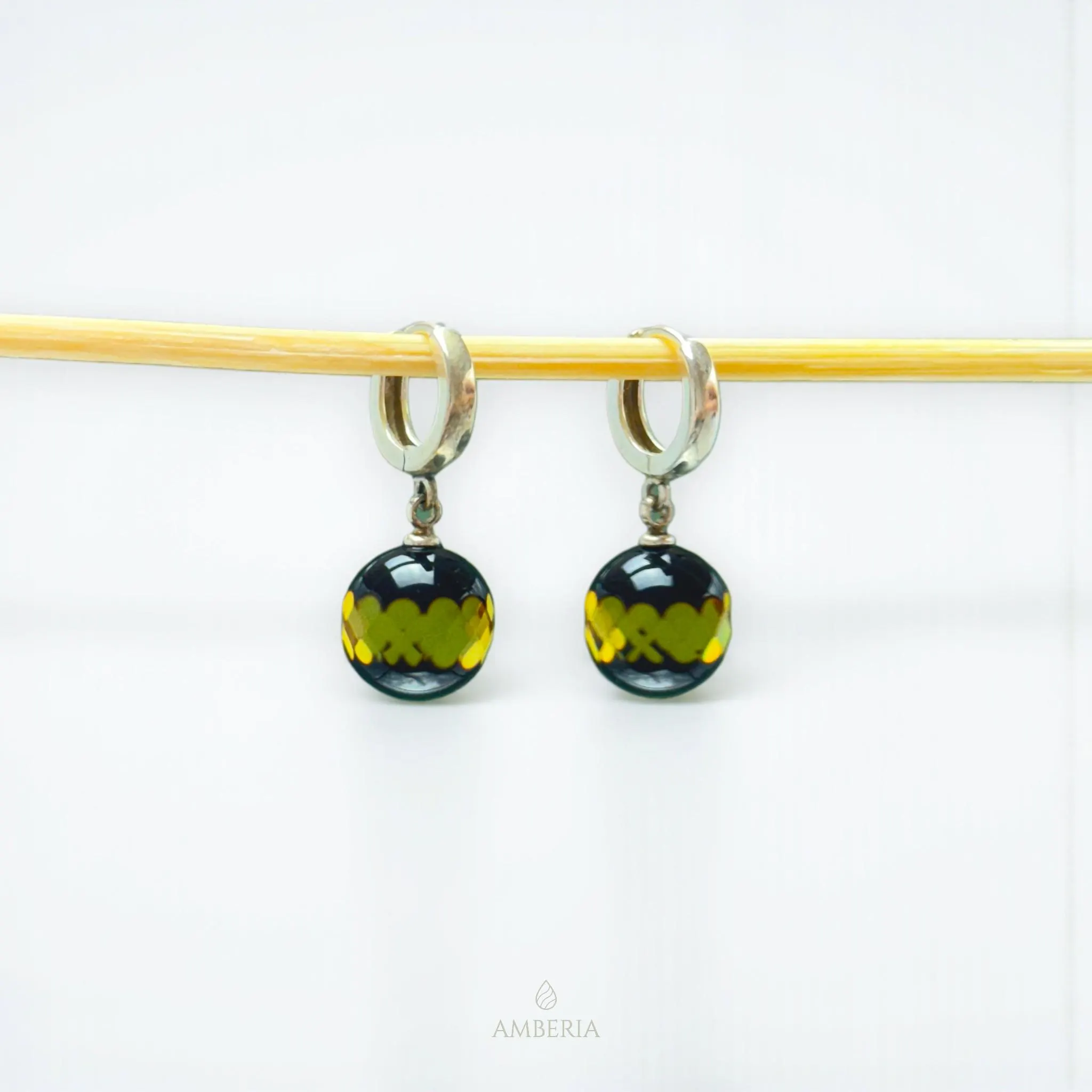 Round Amber Earrings 925 Sterling Silver, Sun Spangles Ball Jewelry, Handcrafted Baltic Accessory