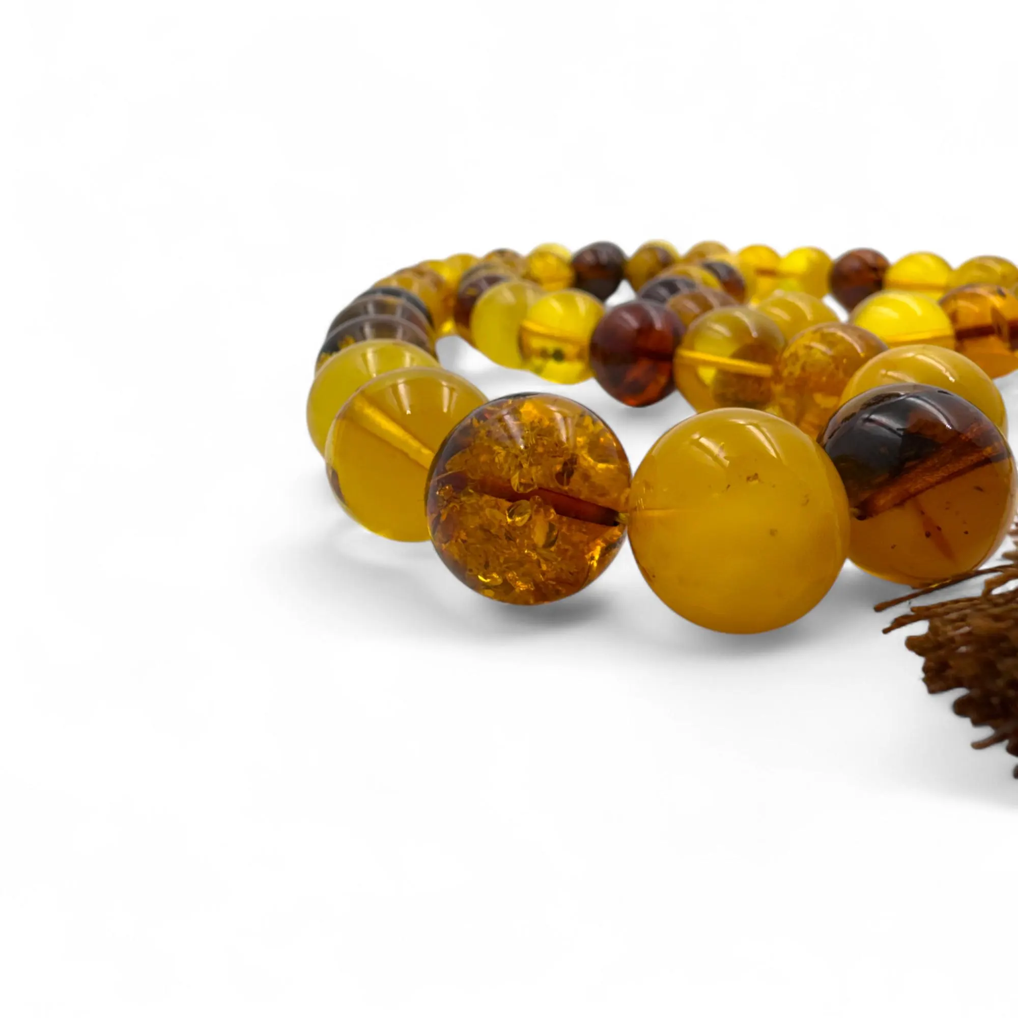 Real Baltic Amber Rosary with Plant Fossils & 925 Silver Tassel, Amber with Plant Fossils,Natural Baltic Amber Islamic Rosary,Amber Tesbih