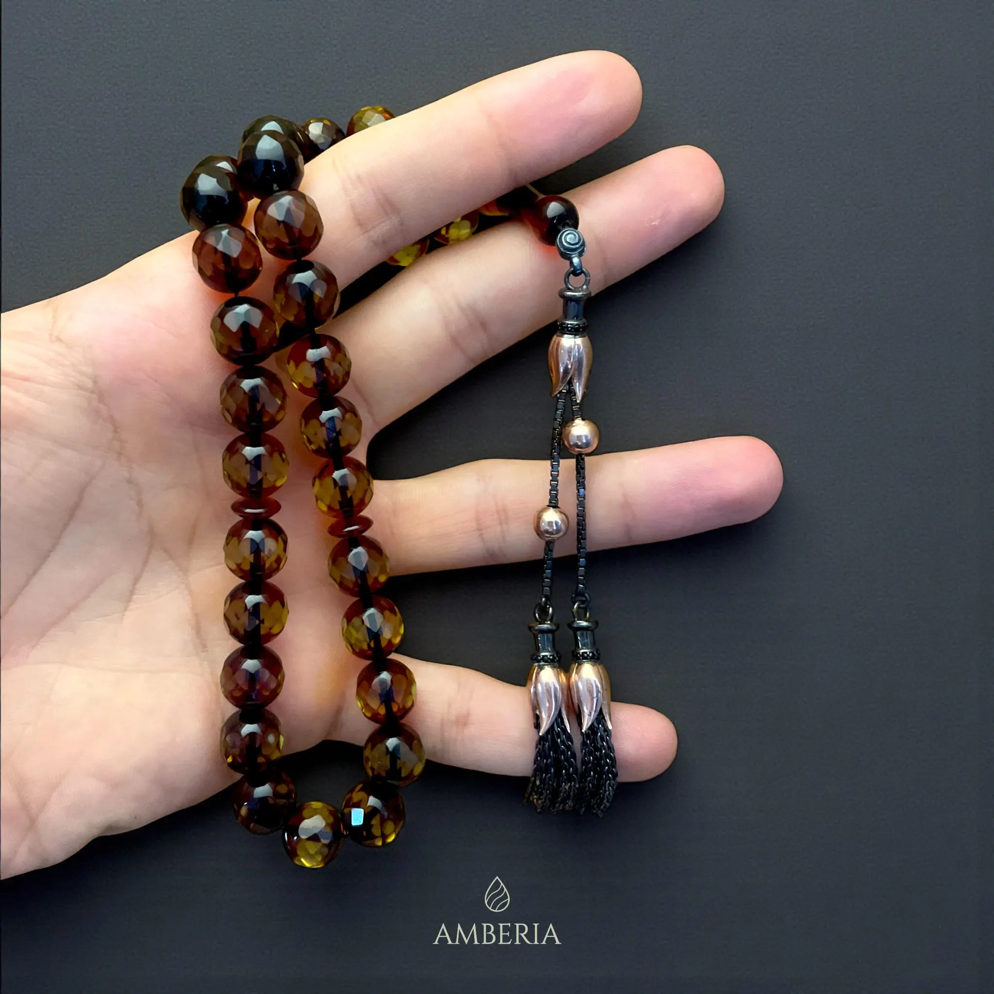 Amber Tasbih with 925 Sterling Silver Tassel, Handmade Islamic Prayer Beads, Misbaha Rosary, Natural Fossil Resin Worry Beads