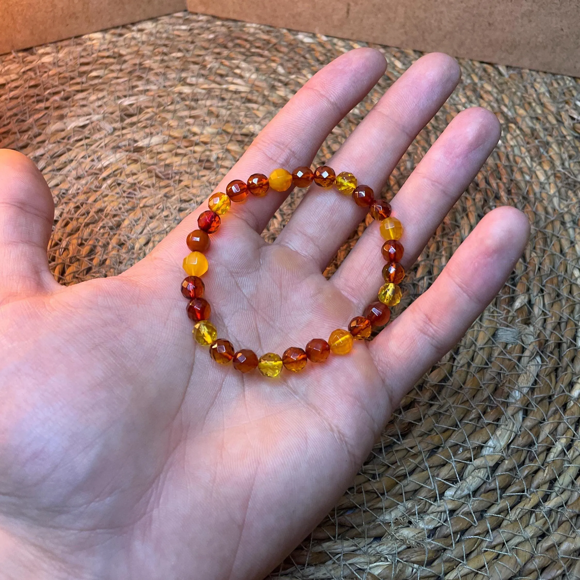 Amber Bracelet - 100% Natural - Diamond Cut Yellow Orange Beads - Handmade - Gemstone Jewelry - Stress Relief