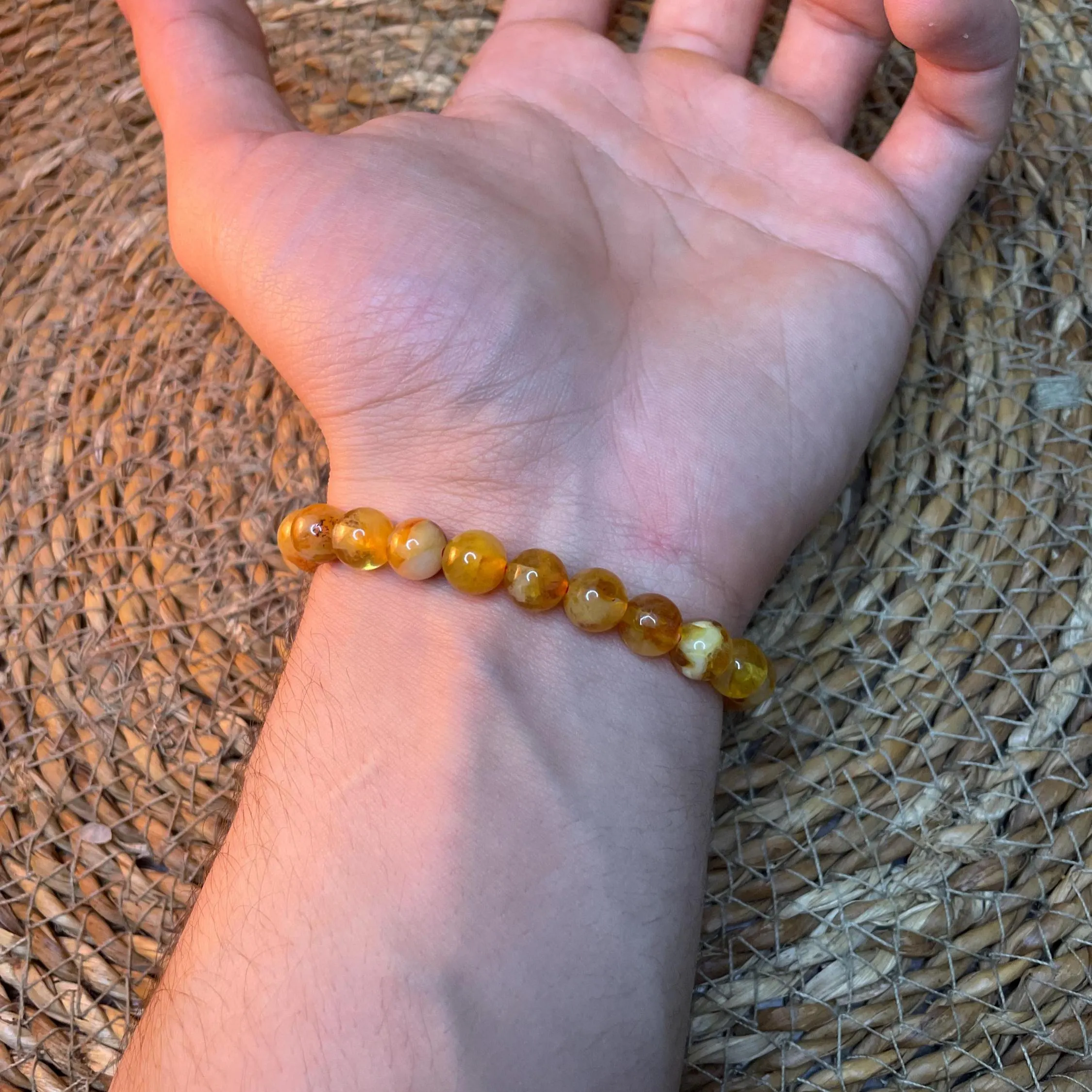 100% Natural Amber Bracelet - Round Honey Gemstone Beads - Stretch Bracelet - Stress Relief - Unisex Gift
