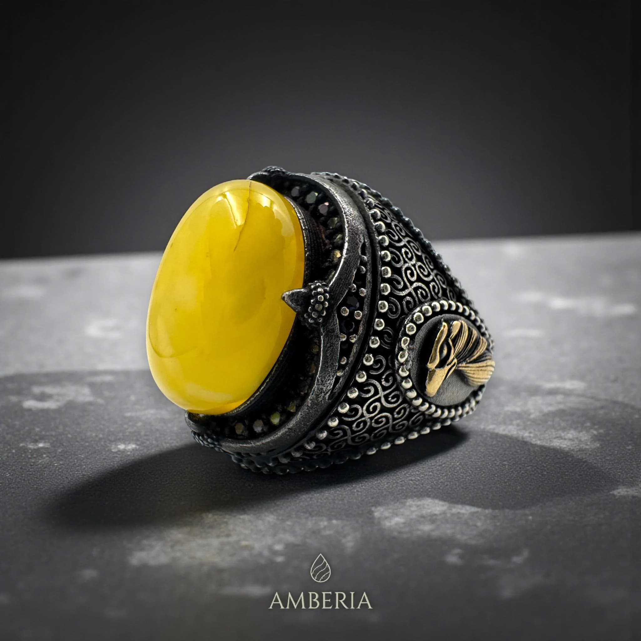 Yellow Baltic Amber Ring, 925 Sterling Silver, Handcrafted Mens Statement Jewelry