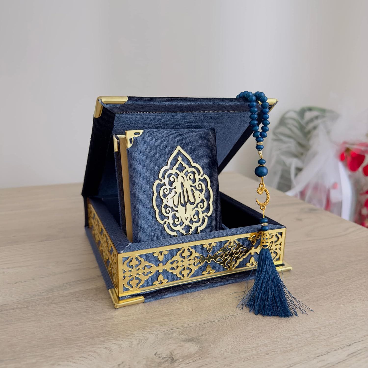 Velvet Covered Quran Gift Box with Pearl Tasbih: Islamic Wedding Gift, Birthday Gift Set, Eid Ramadan Gift Muslim Wedding Decoration - image 3
