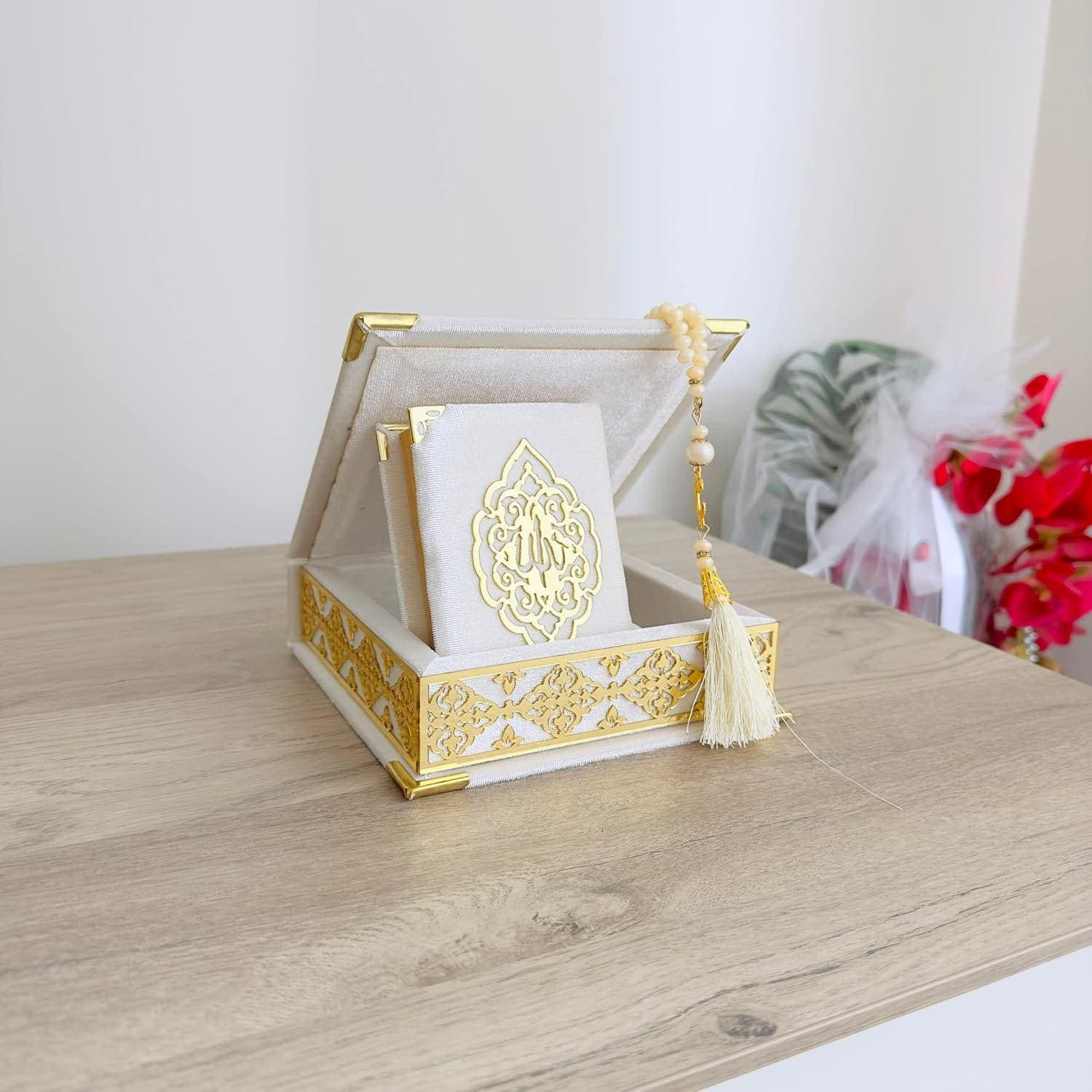 Velvet Covered Quran Gift Box with Pearl Tasbih: Islamic Wedding Gift, Birthday Gift Set, Eid Ramadan Gift Muslim Wedding Decoration