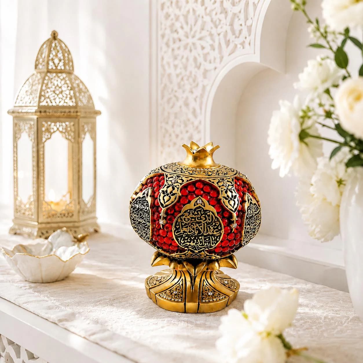 Ayatul Kursi Written Pomegranate Figurine: Islamic Trinket for Home Decor, Muslim Home Housewarming Gift