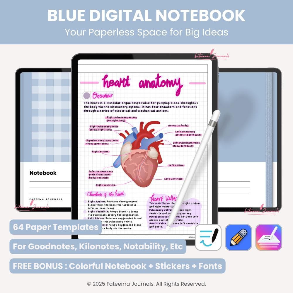 Blue Digital Notebook | Paper Templates | Digital Notebook for Goodnotes, Kilonotes, Notability | Study Notes | Made by Fateema Journals