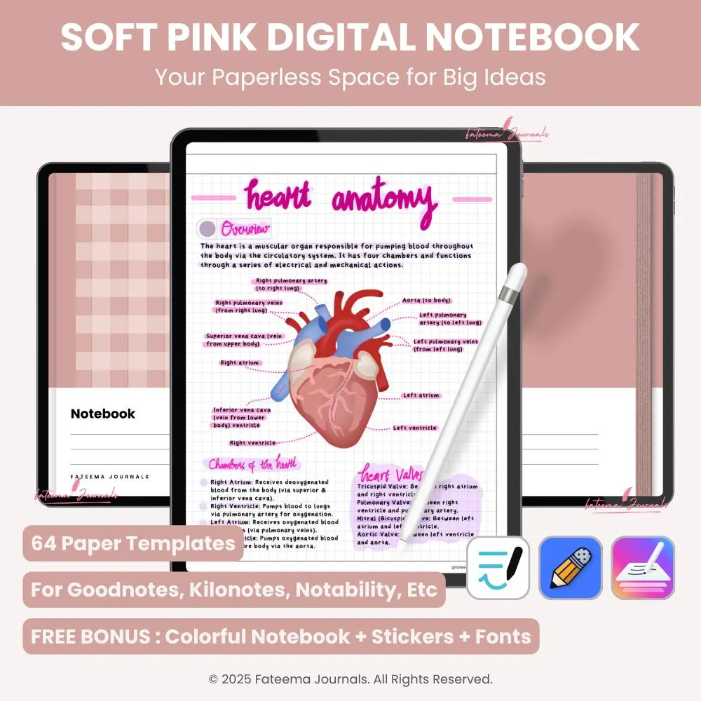 Soft Pink Digital Notebook | Paper Templates | Digital Notebook for Goodnotes, Kilonotes, Notability | Study Notes |Made by Fateema Journals