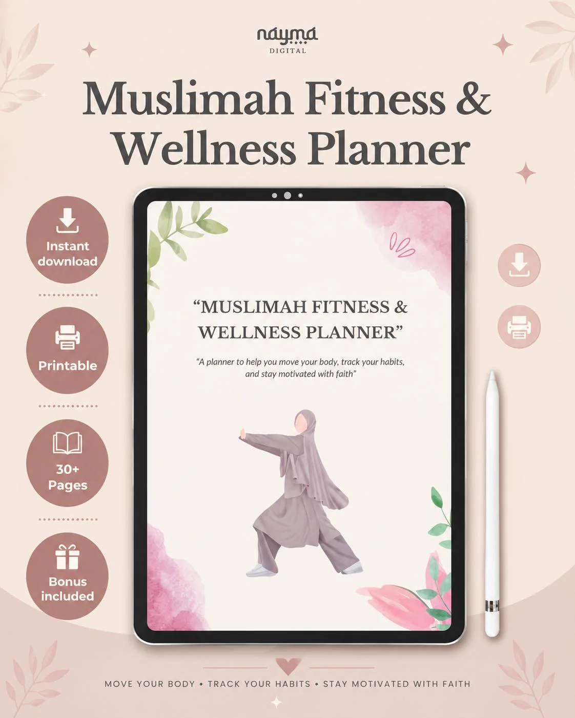 Muslimah Fitness Planner, Islamic Workout Tracker, Wellness Planner, Meal Planner, Habit and Health Tracker PDF