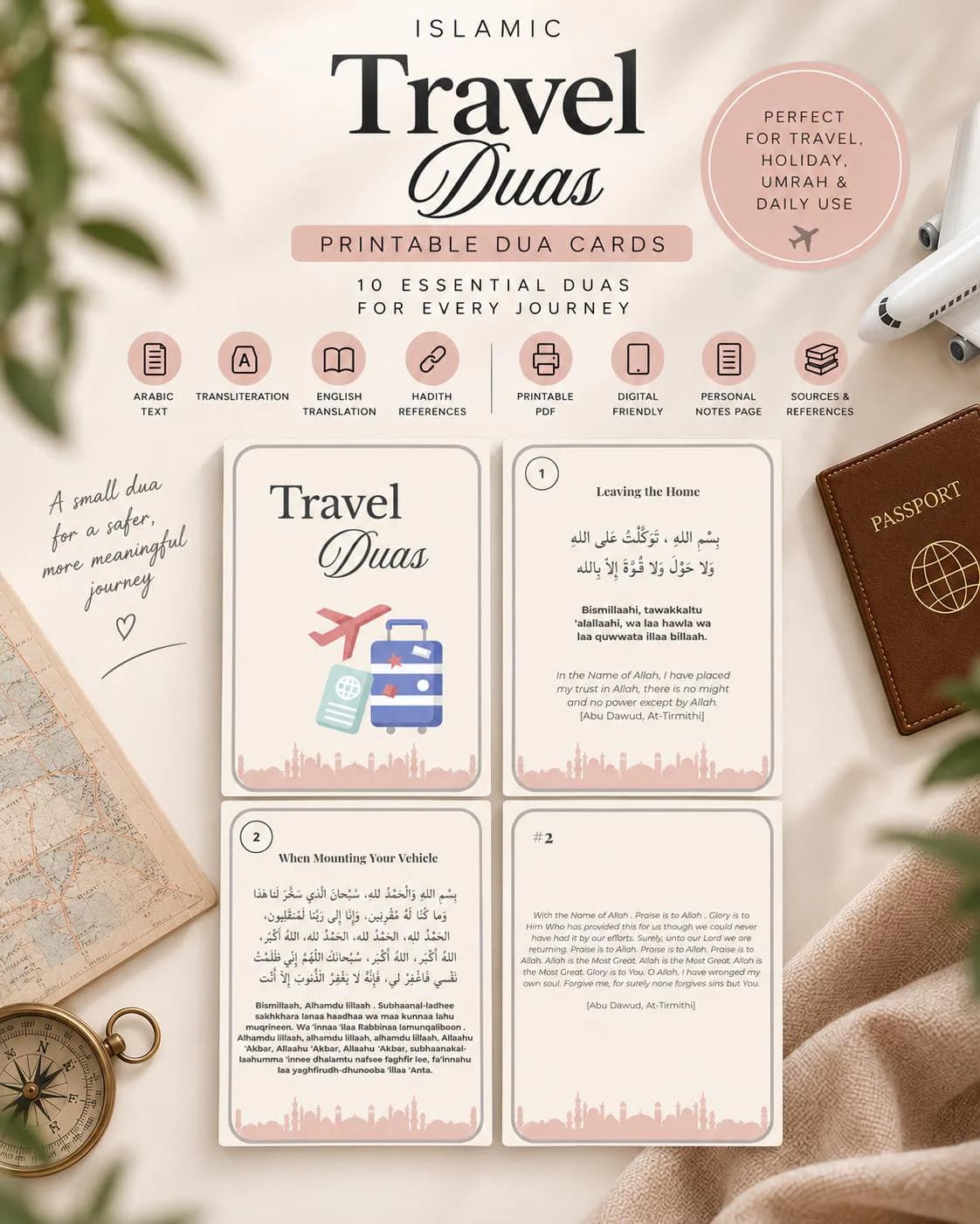 Islamic Travel Dua Cards, Muslim Travel Prayers, Printable Dua Cards, Arabic Transliteration and English Translation PDF