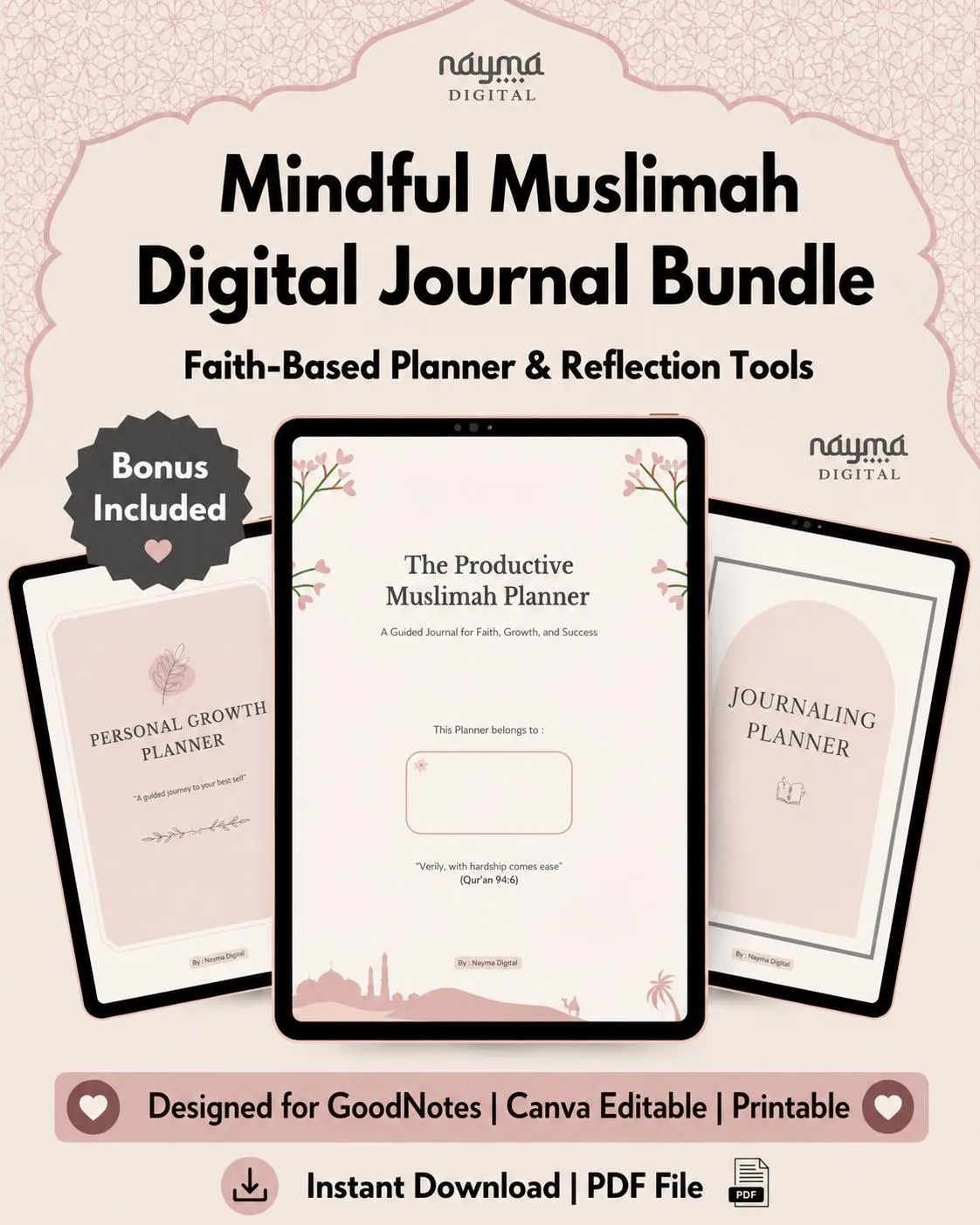 Muslimah Digital Planner Bundle, Islamic Journal, Self Growth Planner, Productivity Planner, PDF