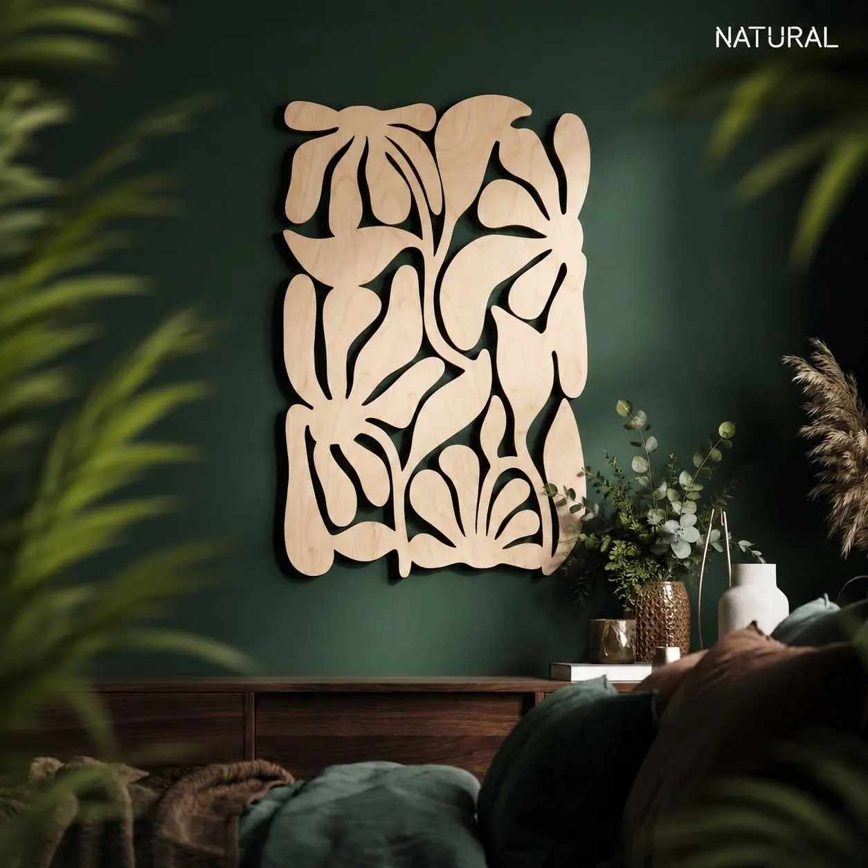 Mid Century Wall Art, MCM Wall Art, Large Wooden Art, Botanical Wall Art, Japandi Wall Art, Wood Panel Decor, Above Bed Decor, Wood Wall Art