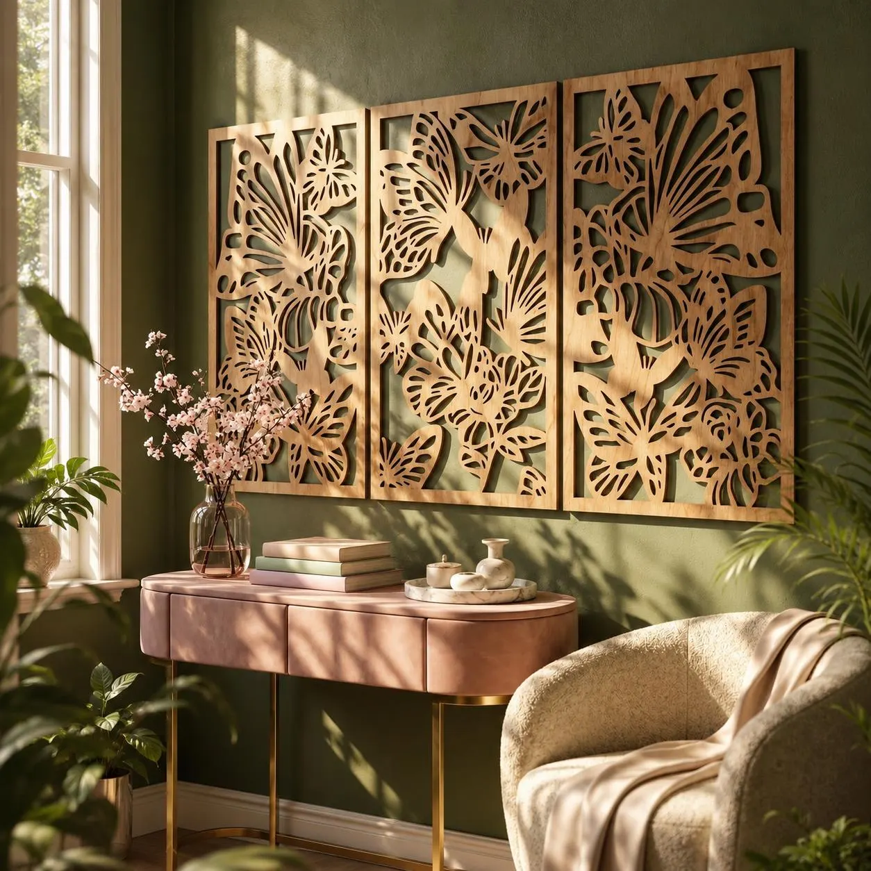 Wooden Triptych Wall Art, Butterfly Wood Wall Panels, 3 Piece Butterfly Wall Decor, Laser Cut Plywood Art, Boho Nature Wall Decor Set
