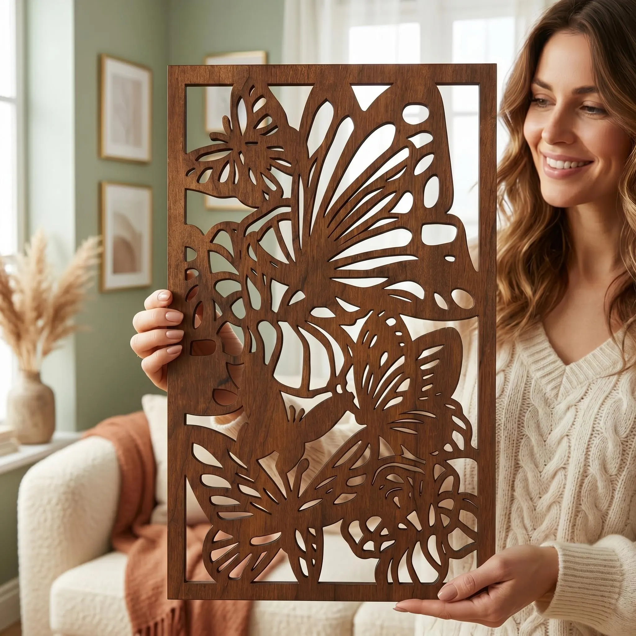 Three piece butterfly wooden wall art made from high-quality plywood, displayed on a green wall above a console table. The laser cut triptych panels show butterflies, flowers, leaves, and abstract nature shapes in natural wood tones. Large boho butterfly wall decor with openwork details creates a 3D shadow effect for Japandi, rustic, modern, or nature-inspired interiors.