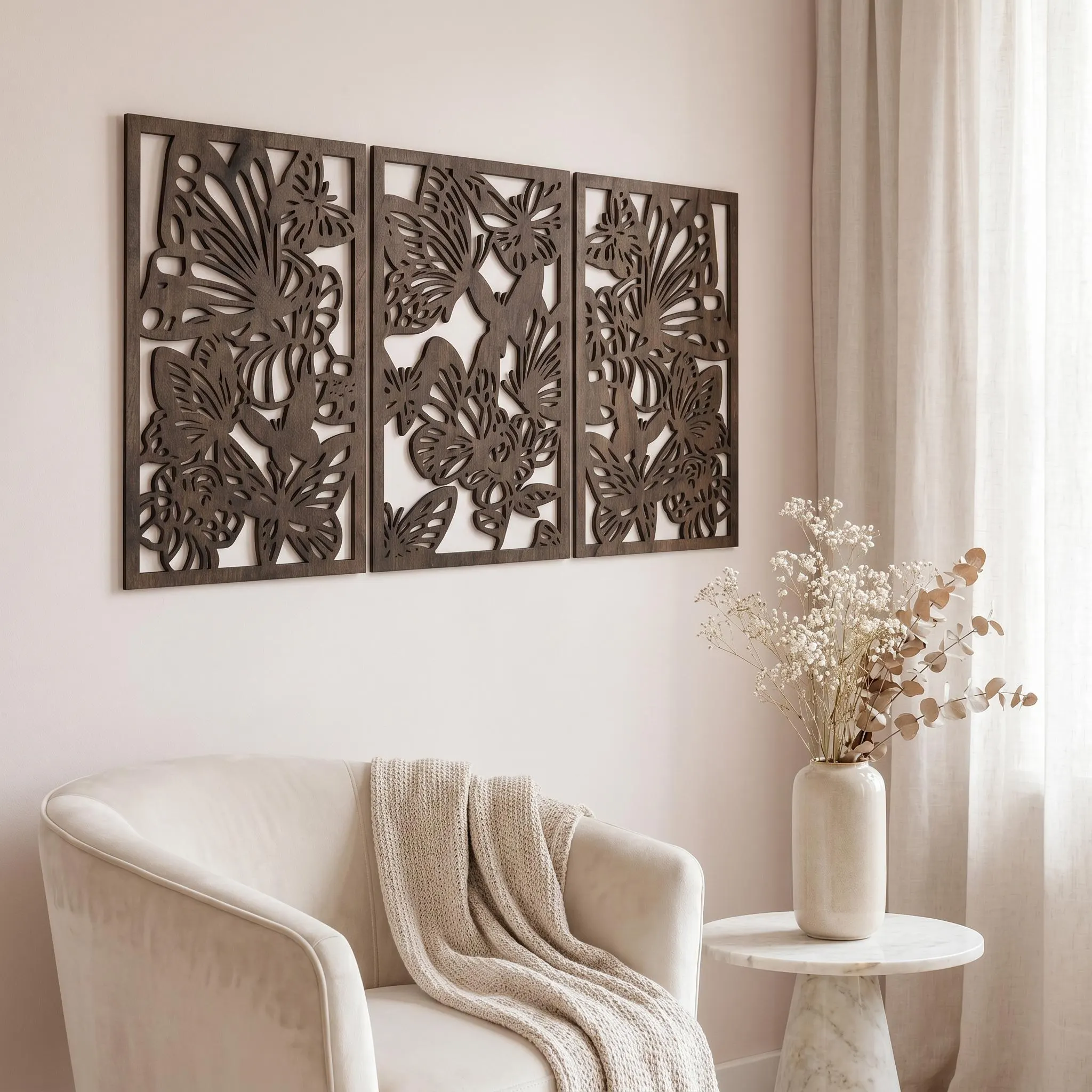 Wooden Triptych Wall Art, Butterfly Wood Wall Panels, 3 Piece Butterfly Wall Decor, Laser Cut Plywood Art, Boho Nature Wall Decor Set - image 2