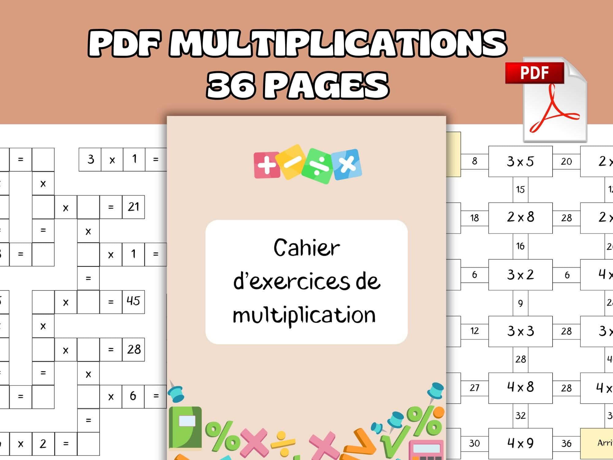 Cahier d’exercices Multiplications pour enfants – PDF imprimable 36 pages – Jeux et cartes pédagogiques