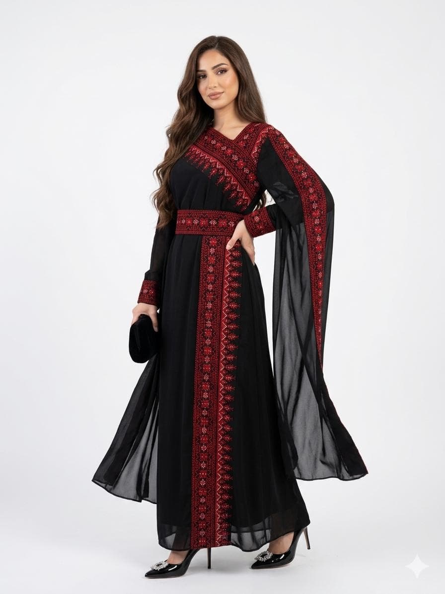 Black Embroidered Thobe Dress, Asymmetric Neckline, Batwing Sleeves, Red Detail, Belted Evening Gown