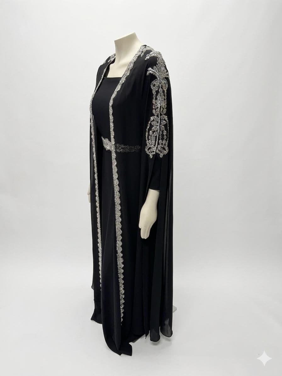 Black Beaded Kaftan Dress with Belt, Elegant Batwing Evening Gown - image 5