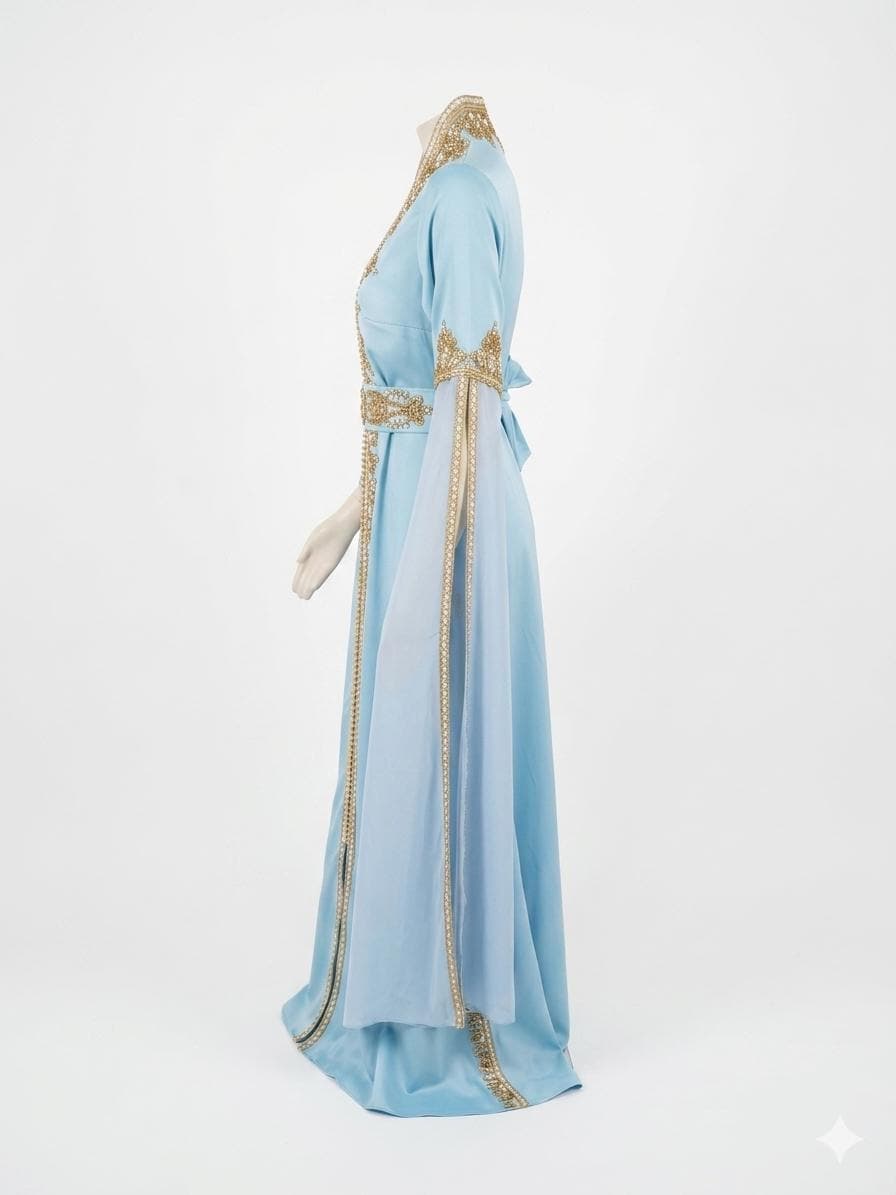 Baby Blue Kaftan Dress with Gold Embellishments, Luxury Batwing Evening Gown - image 5