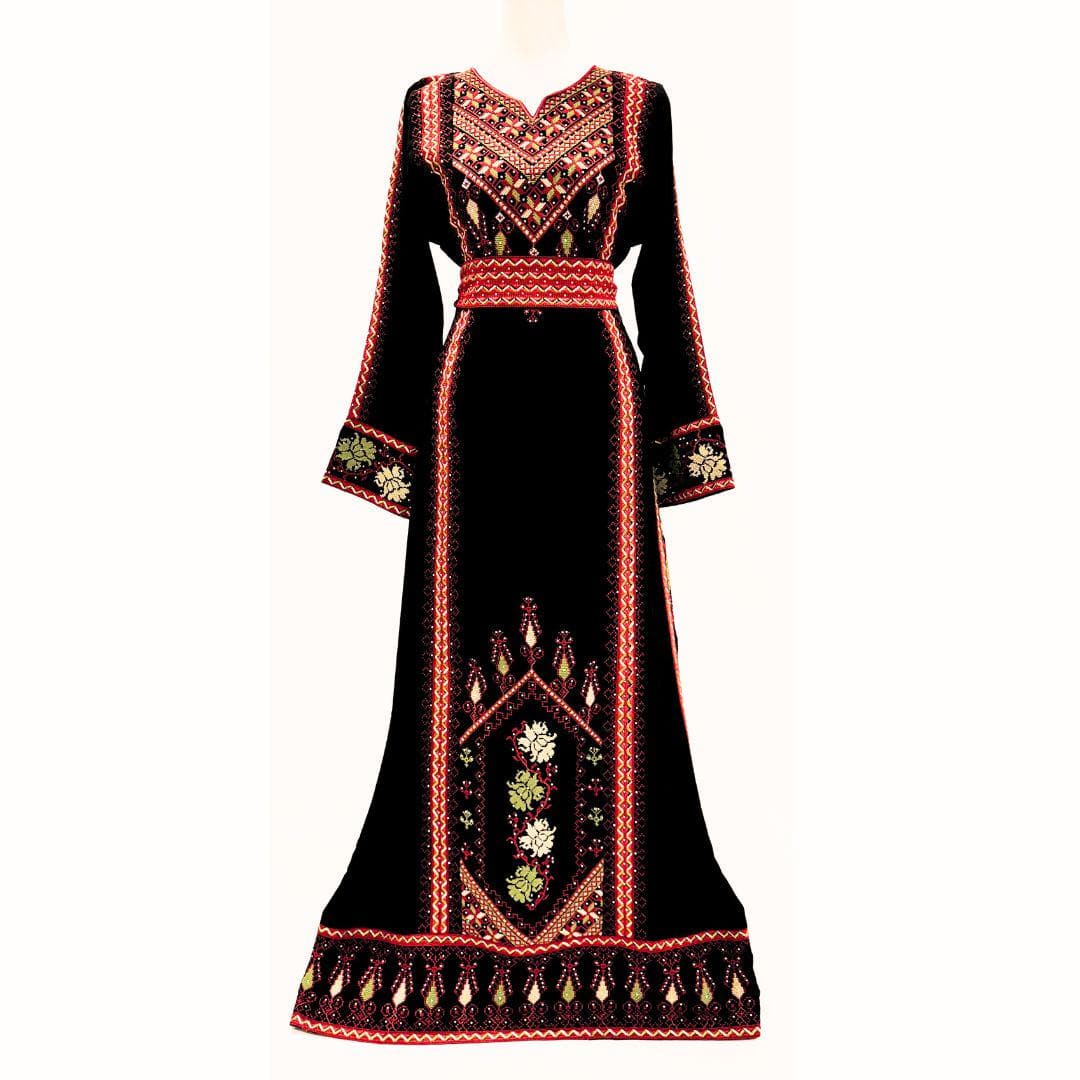 Embroidered Thobe Tatreez with Belt – Black with Red or Blue Embroidery - image 3