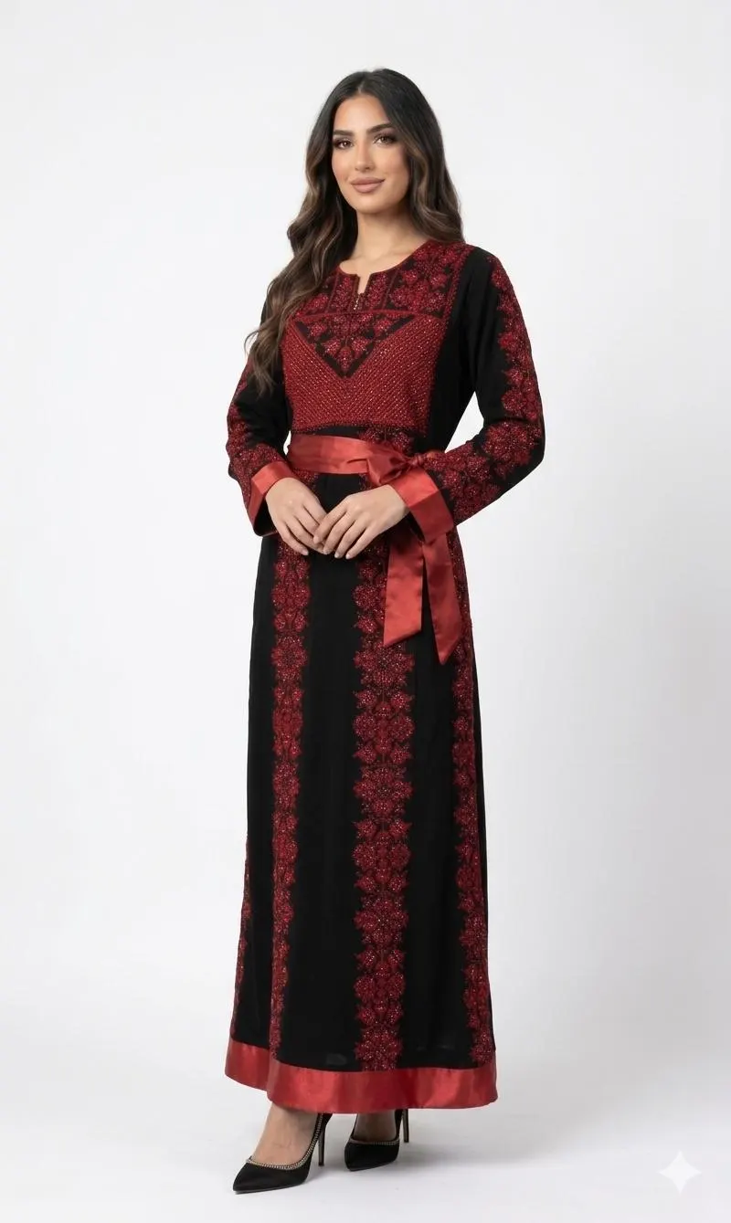 Black Embroidered Thobe with Floral Motif, Red Satin Belt, Long Sleeve Evening Dress
