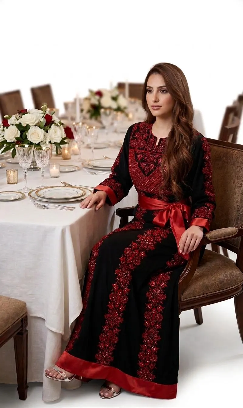 Black Embroidered Thobe with Floral Motif, Red Satin Belt, Long Sleeve Evening Dress - image 3