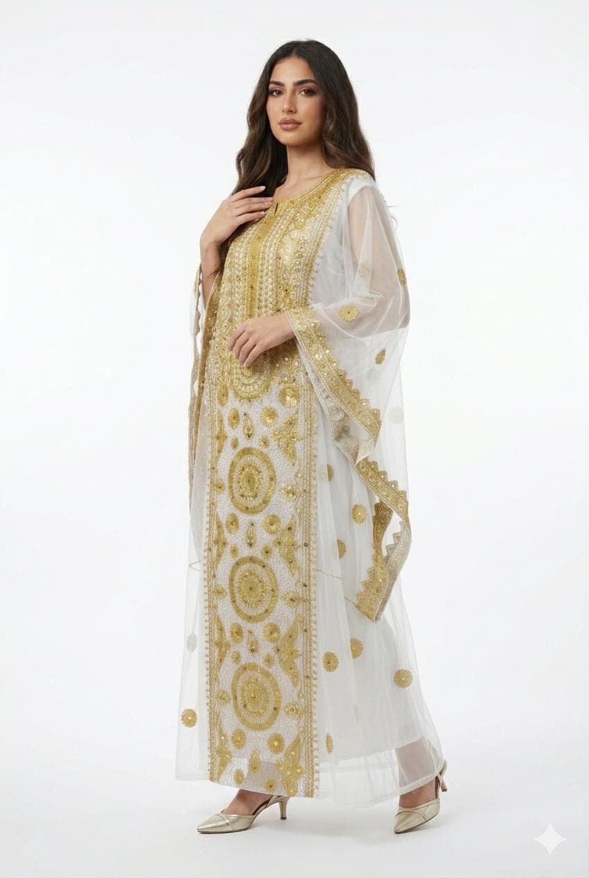 White Hashimi Nashel Dress, Embroidered Tulle, Iraq Traditional Occasion, Handmade with Inner Dress