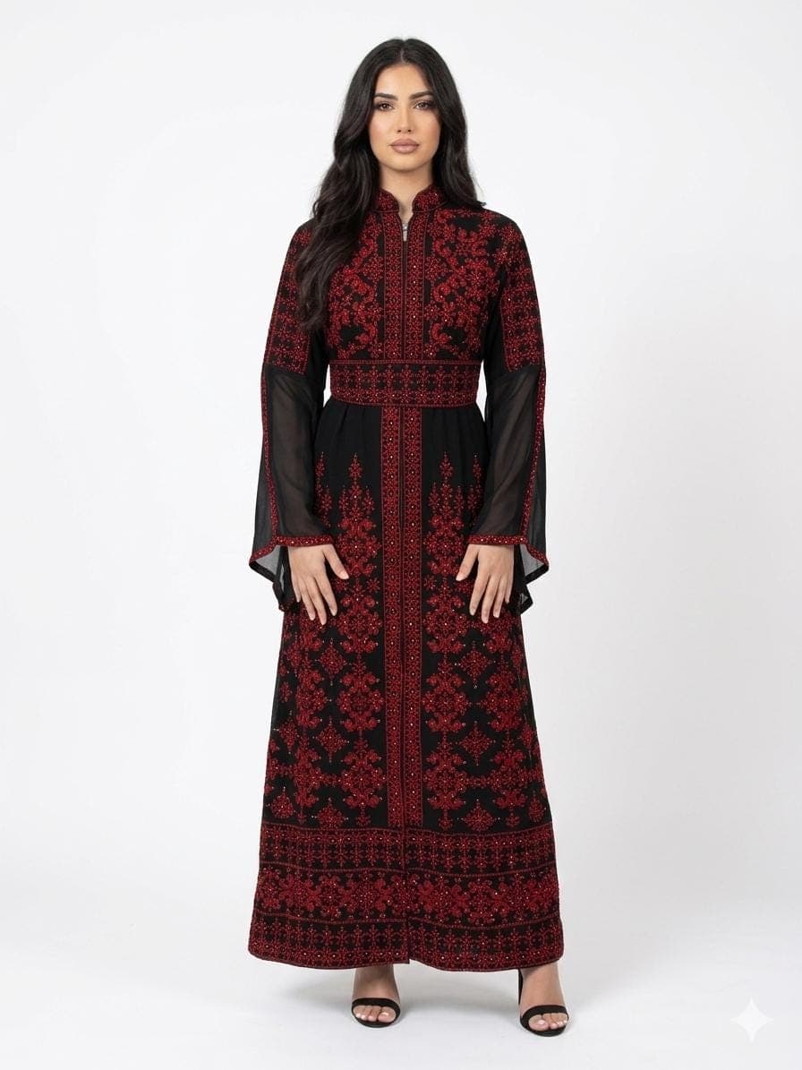 Front Zipper Embroidered Abaya Dress with Belt – Modest Maxi Abaya for Women