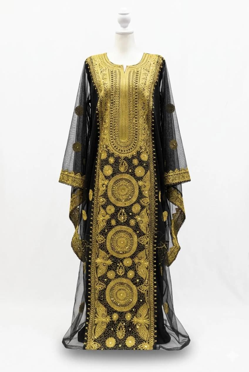 Black Tulle Dress with Gold Embroidery, Traditional Hashimi Nashel Iraqi Wear