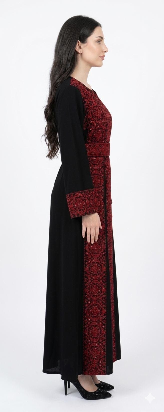 Black Embroidered Thobe with Red Motif Elegant Modest Dress for Eid - image 5