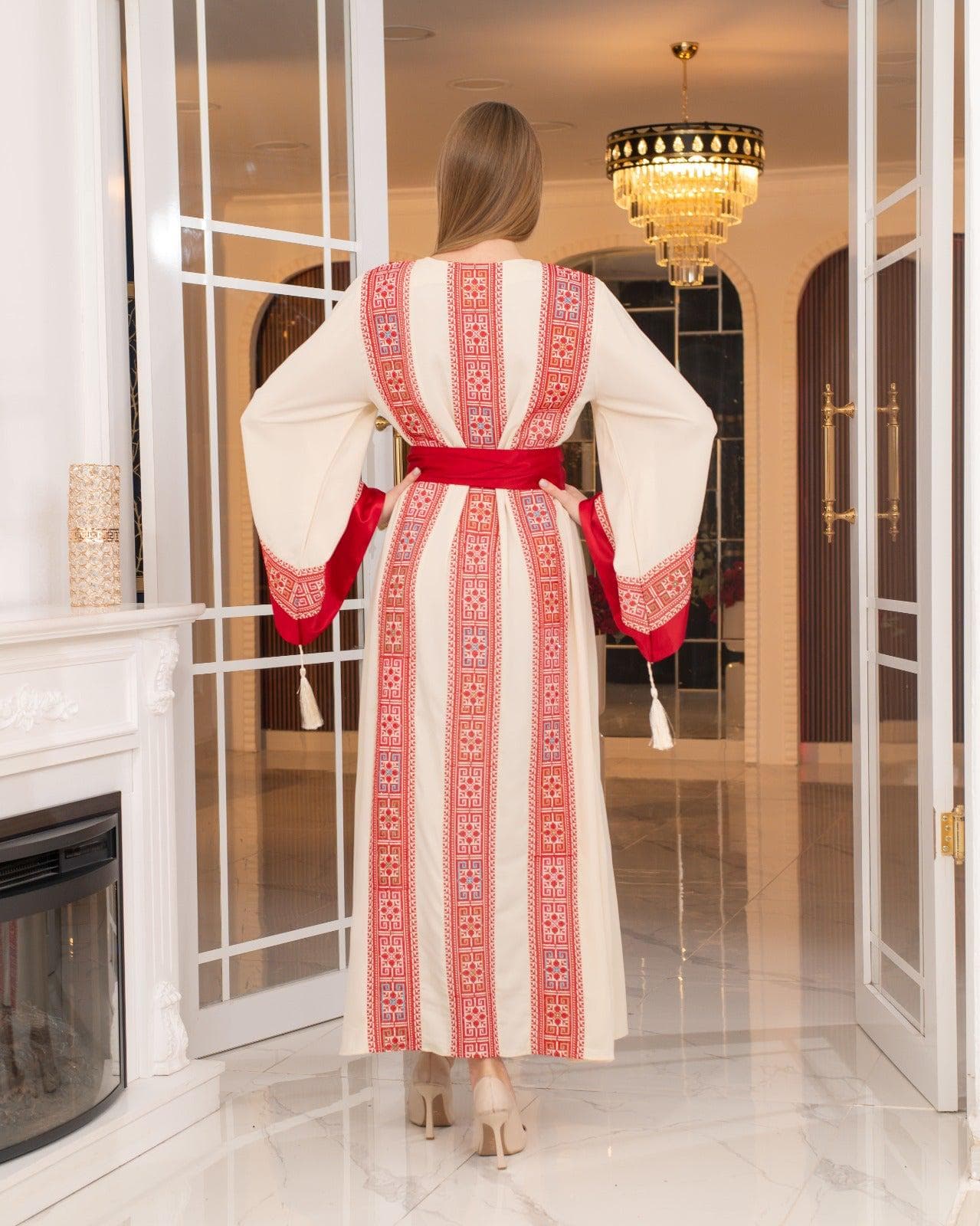 Palestinian Embroidered Thobe Dress – Cream with Red Embroidery & Satin Belt - image 3