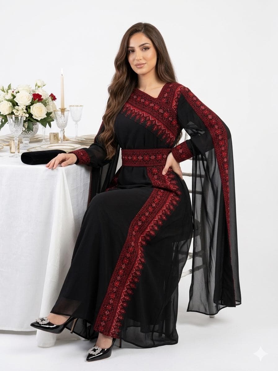 Black Embroidered Thobe Dress, Asymmetric Neckline, Batwing Sleeves, Red Detail, Belted Evening Gown - image 4