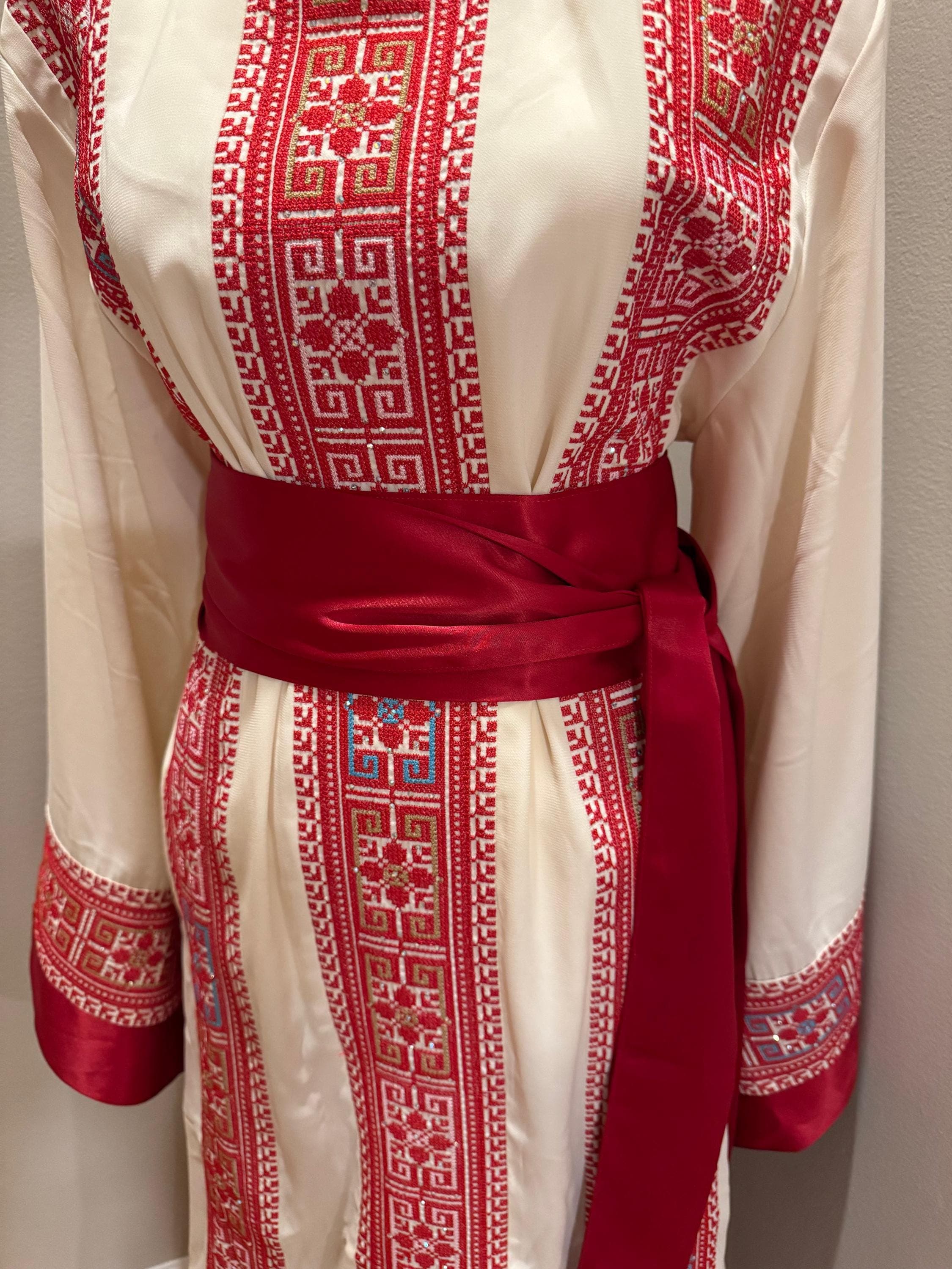 Palestinian Embroidered Thobe Dress – Cream with Red Embroidery & Satin Belt - image 5